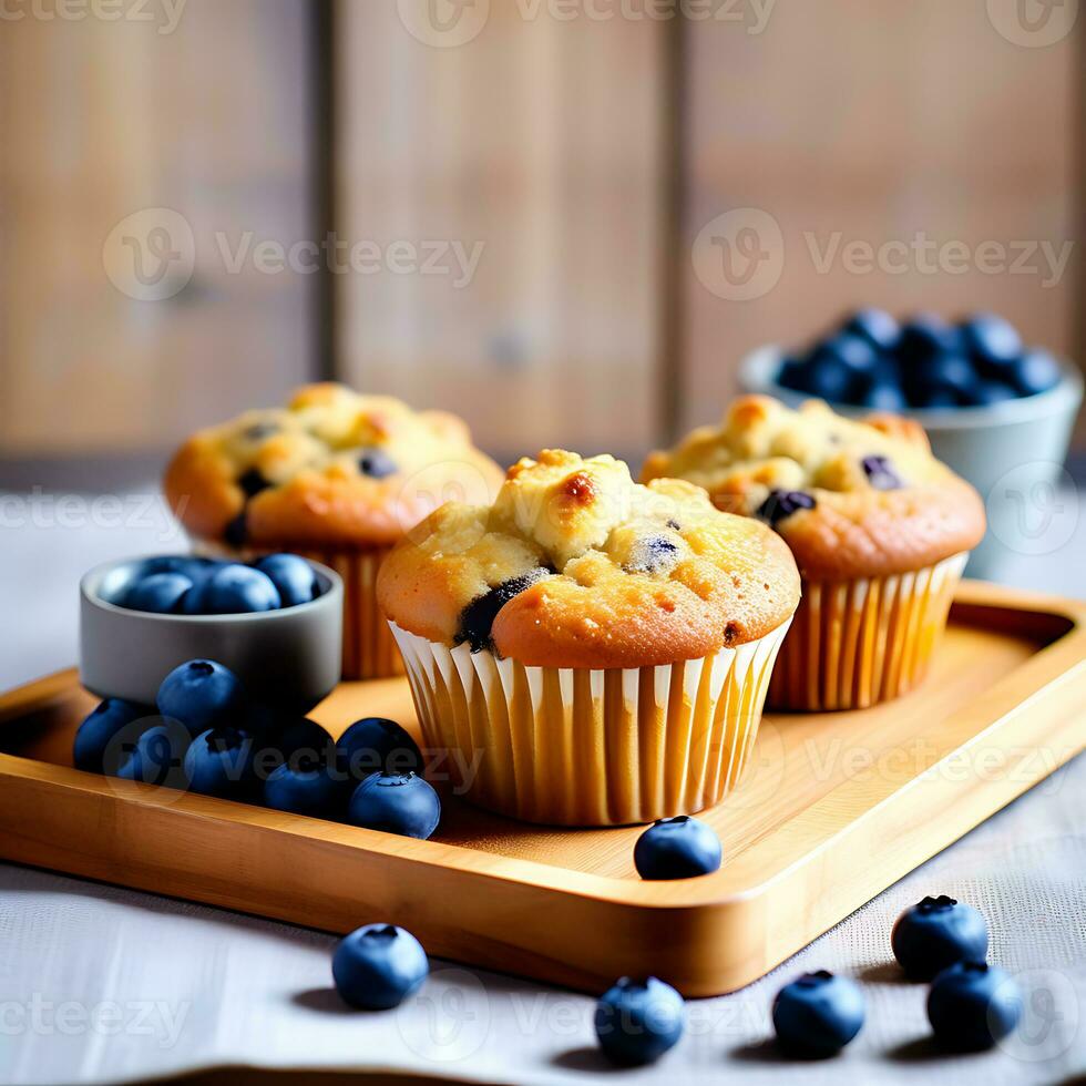 AI generated Rustic Tray of Blueberries Muffins photo