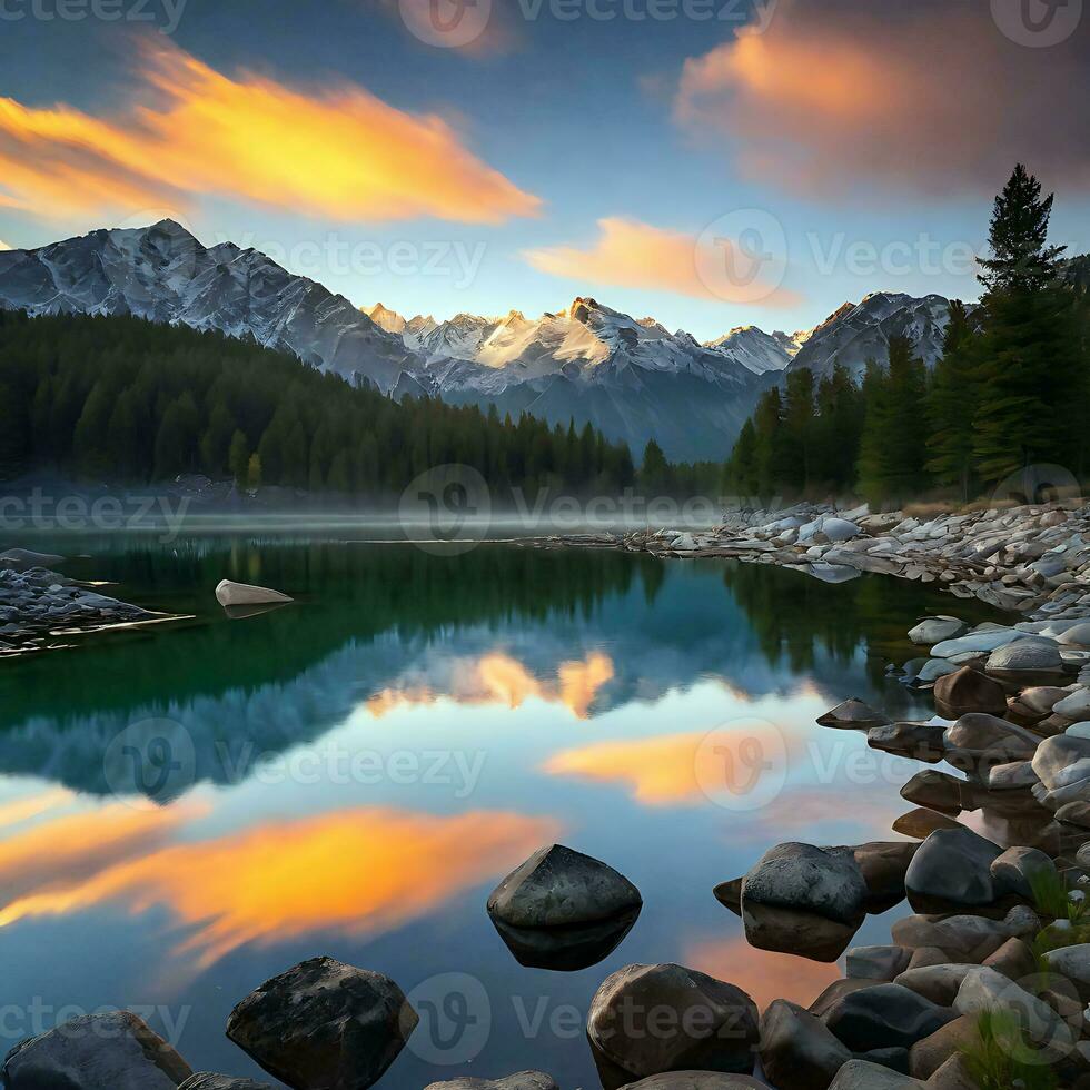 ai generado pacífico lago y montañas foto