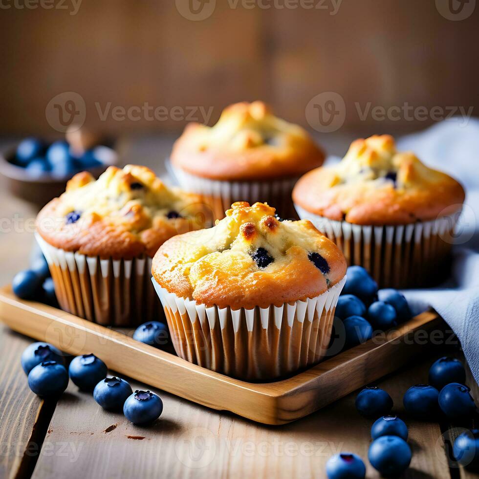 AI generated Freshly Baked Muffins on a Rustic Wooden Tray photo