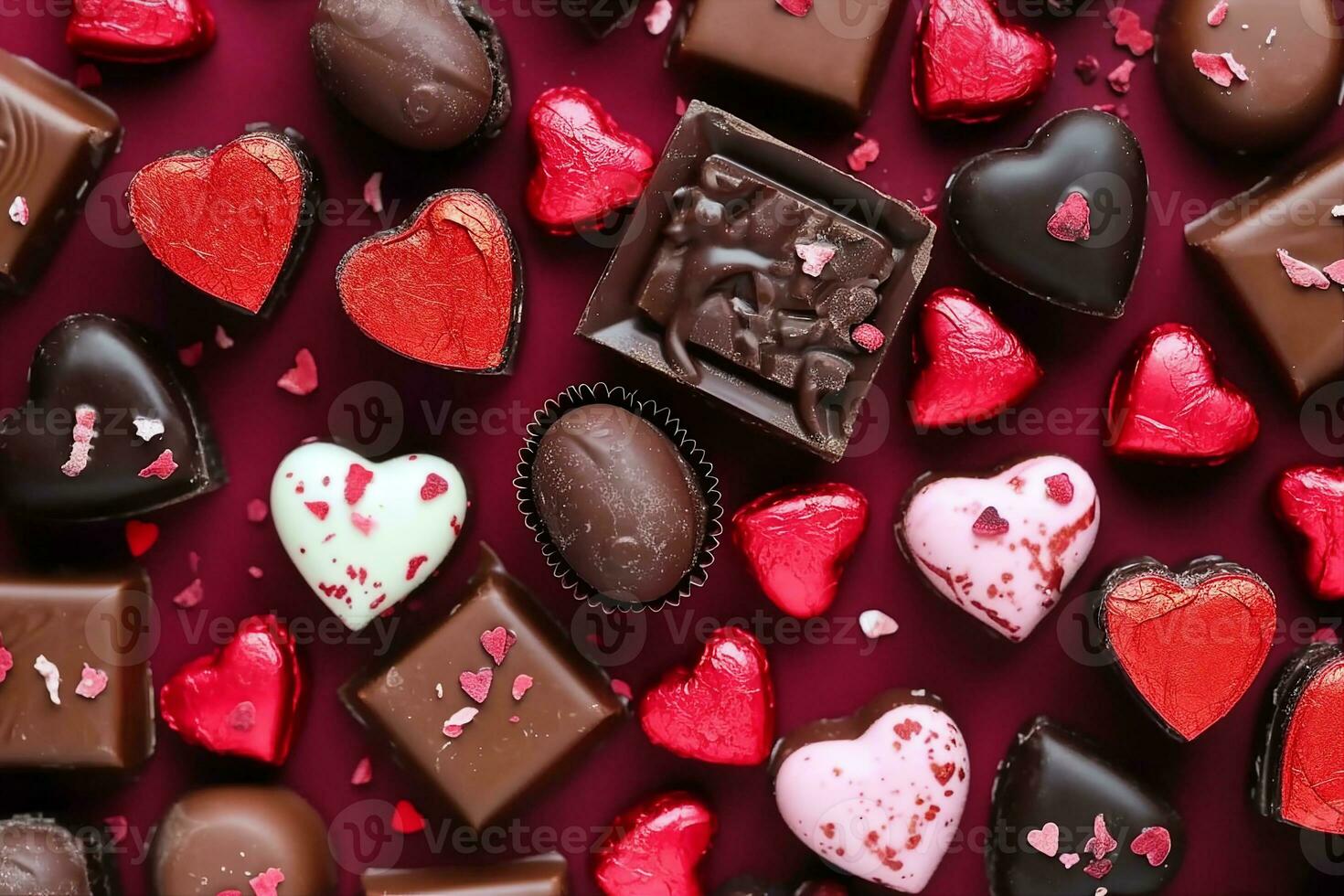 AI generated Valentines Day chocolate background. Red heart theme. Top down view. generative ai. photo