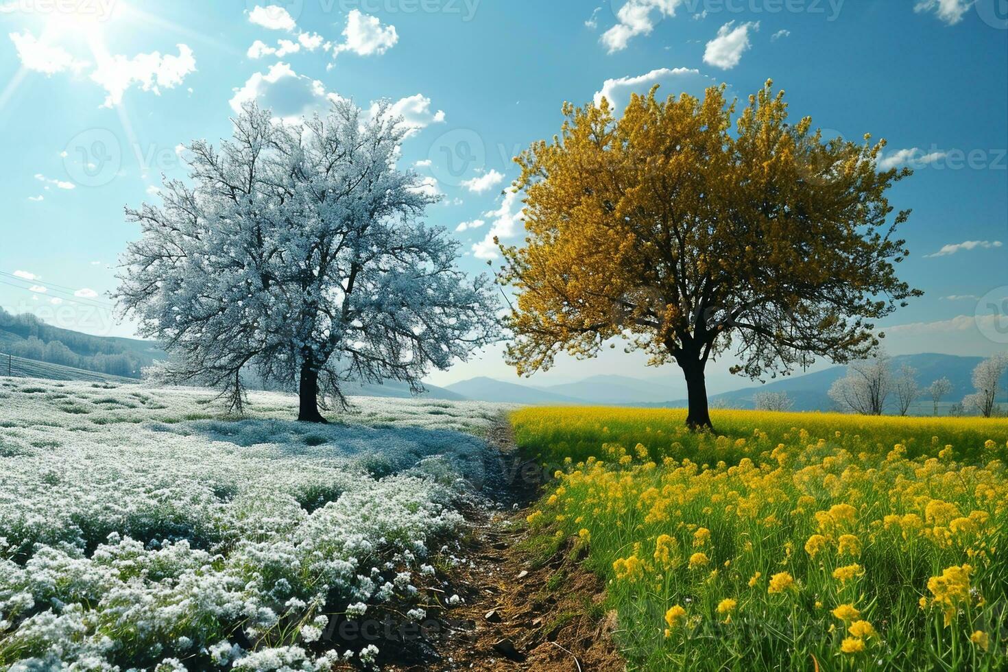 ai generado invierno y primavera paisaje con azul cielo. concepto de cambio estación. generativo ai foto