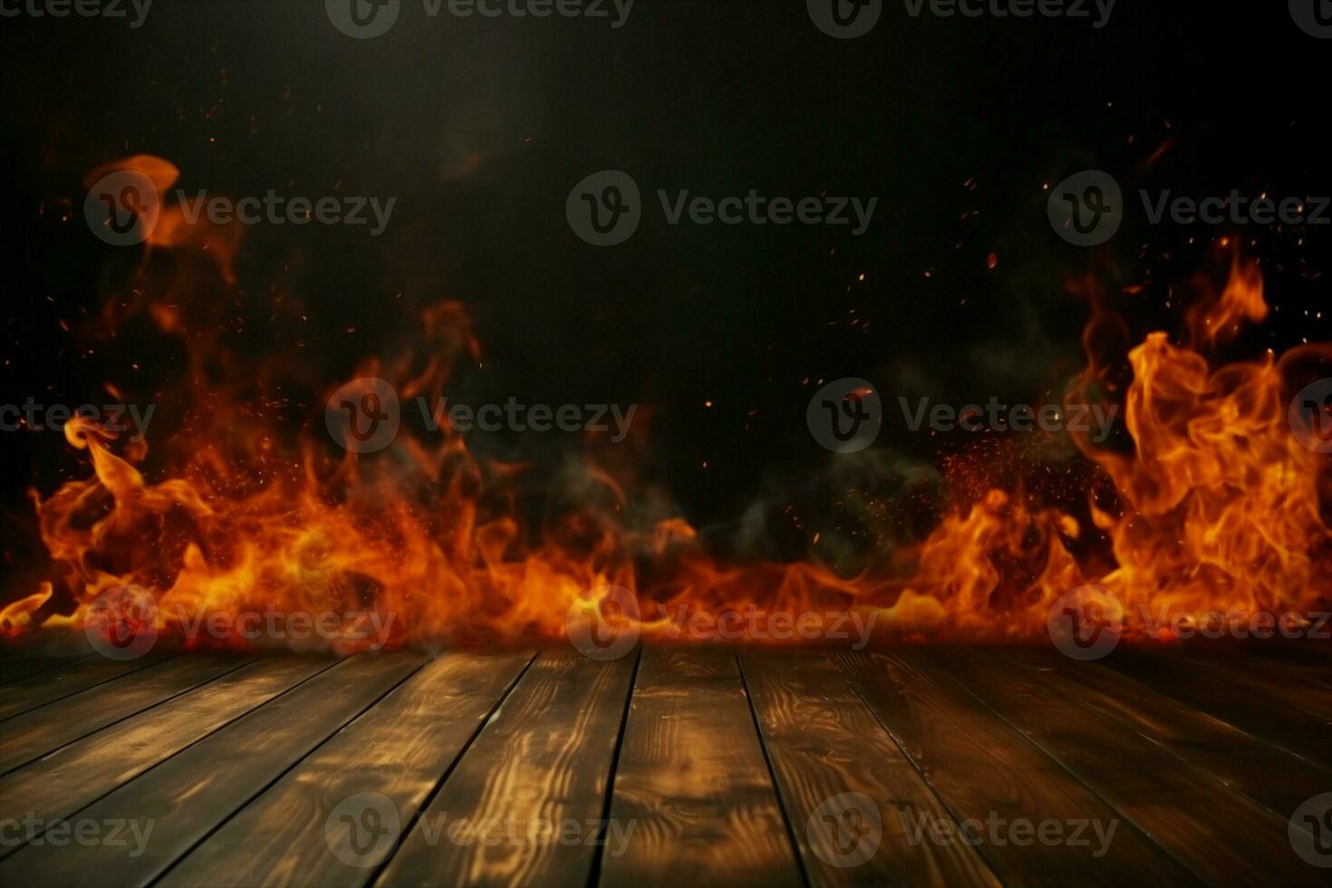 AI generated wooden table with Fire burning at the edge of the table, fire particles, sparks, and smoke in the air, with fire flames on a dark background to display products. generative ai. photo