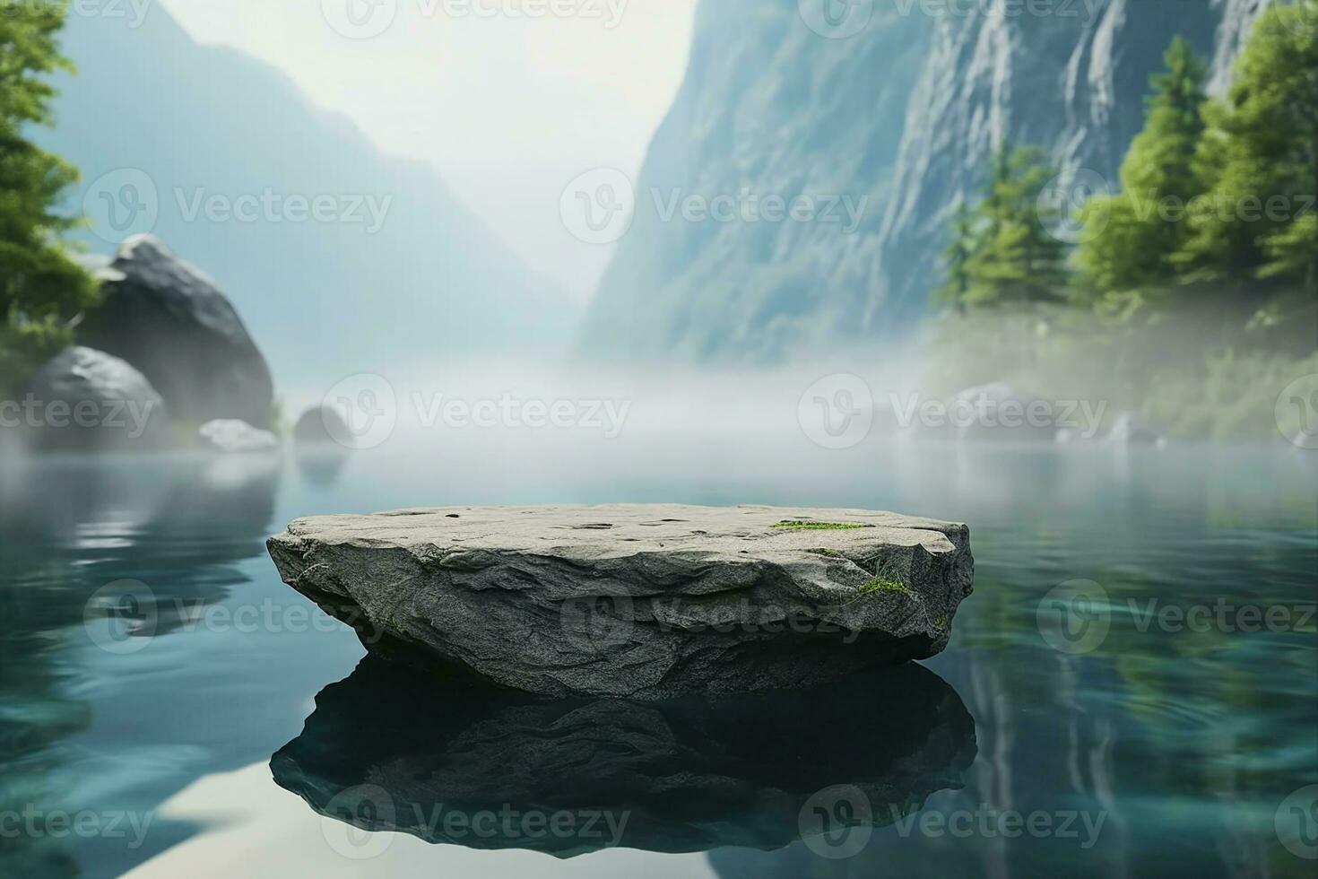 ai generado Roca pedestal monitor en superficie de el lago, cielo, montañas, bosque, verdor en mañana, niebla, ozono, frio y sombreado clima. naturaleza zen concepto onda ondas. podio de cosmético. foto