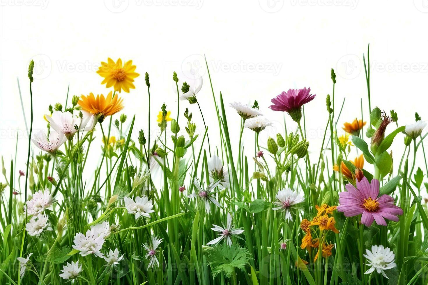 AI generated Grass and wild flowers border on white background. generative ai. photo
