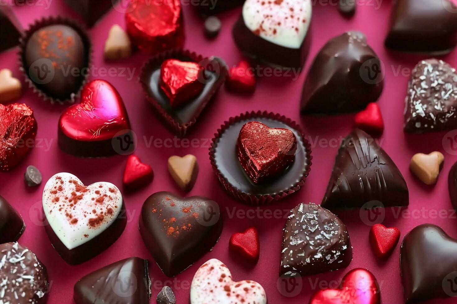 AI generated Valentines Day chocolate background. Red heart theme. Top down view. generative ai. photo