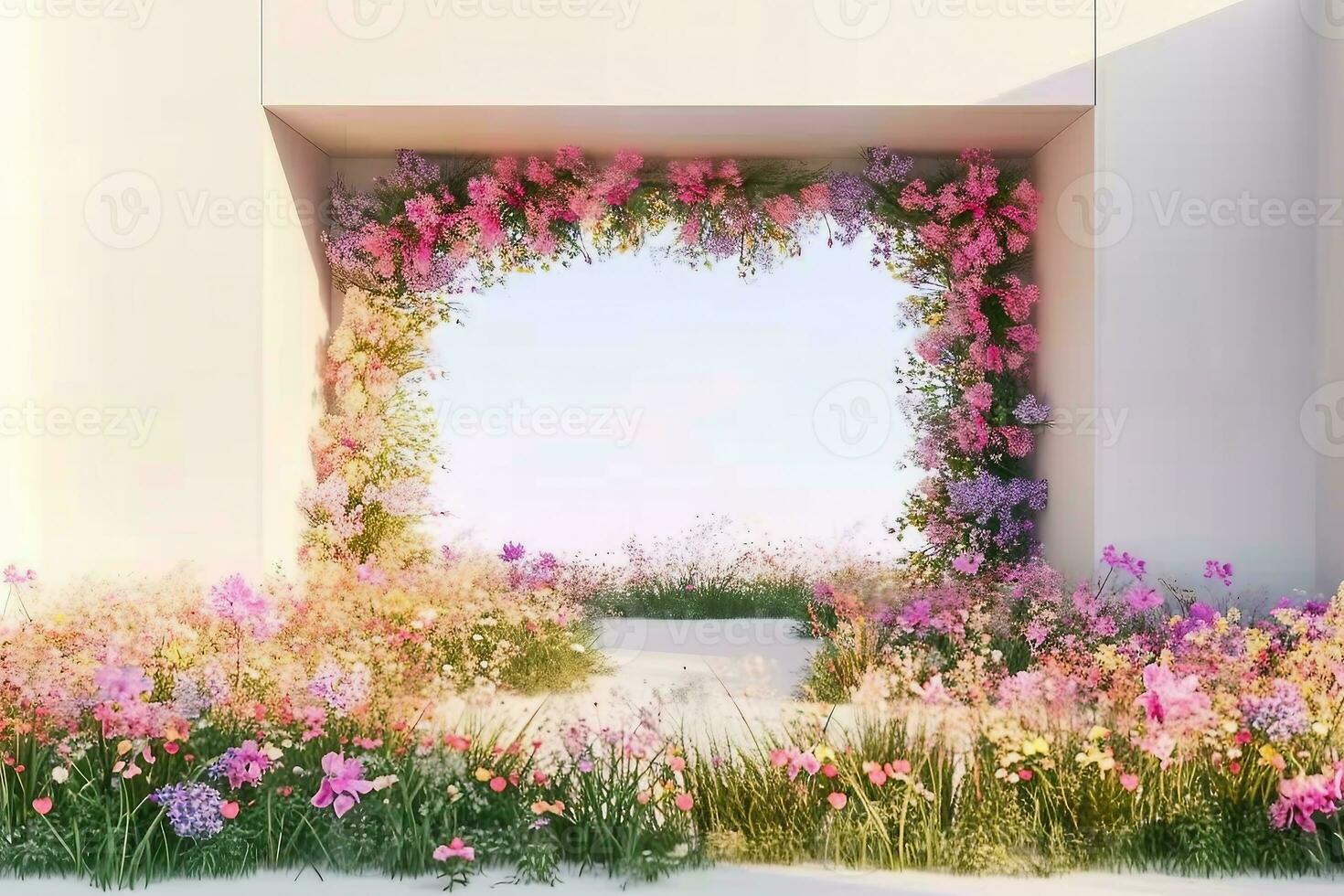 AI generated Spring floral installation scene with geometric arch form. 3d rendering. generative ai. photo