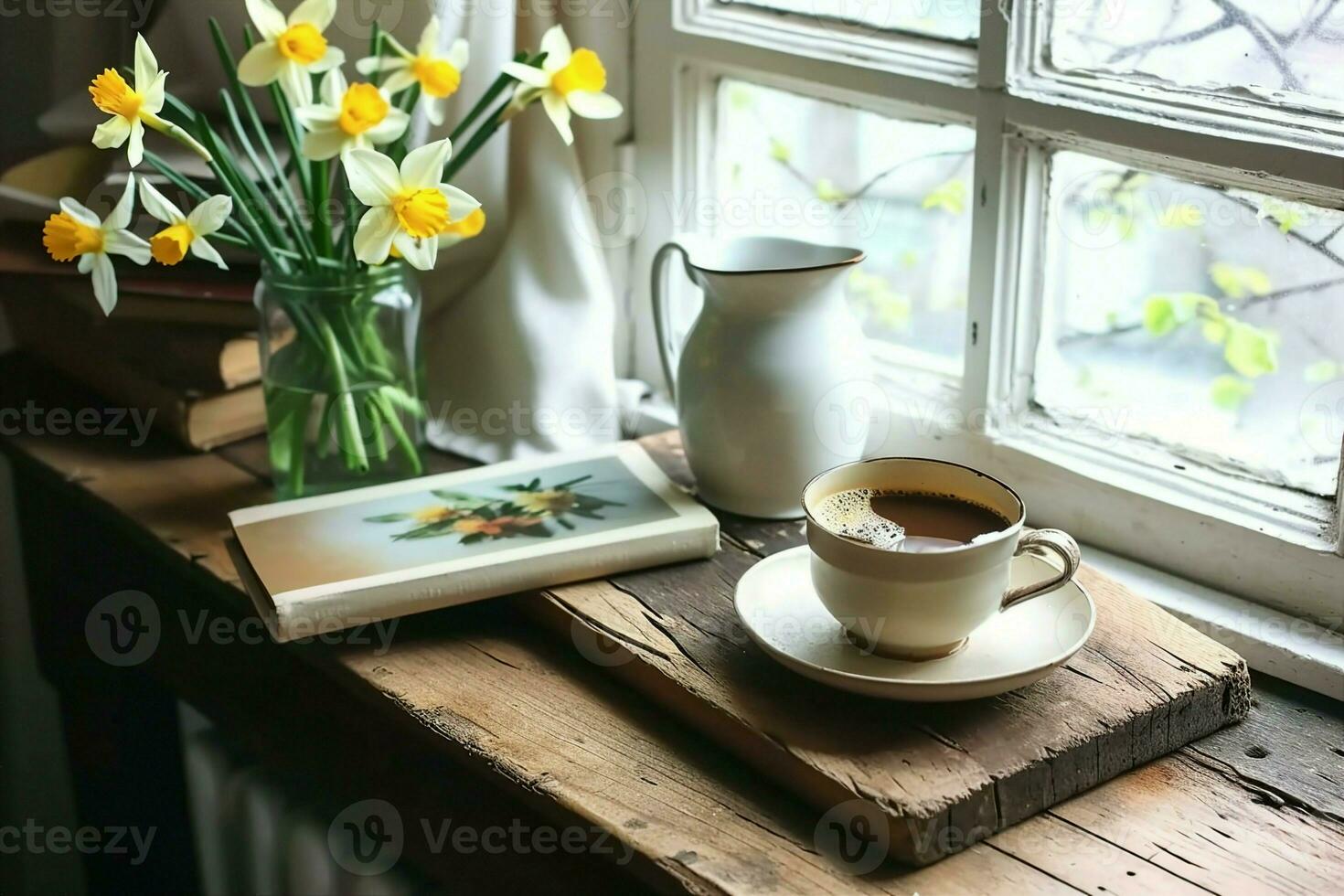 ai generado acogedor Pascua de Resurrección primavera todavía vida. saludo tarjeta Bosquejo escena. taza de café, libros, de madera corte junta, Leche lanzador y florero de flores en antepecho. floral composición. generativo ai. foto