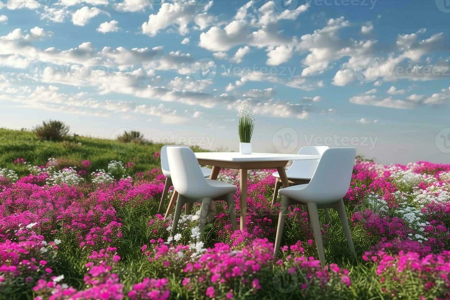 AI generated Abstract 3d render, Platform and Natural podium background, White table and chairs set on the flowers and grass filed backdrop blue sky and clouds for product display or etc. photo