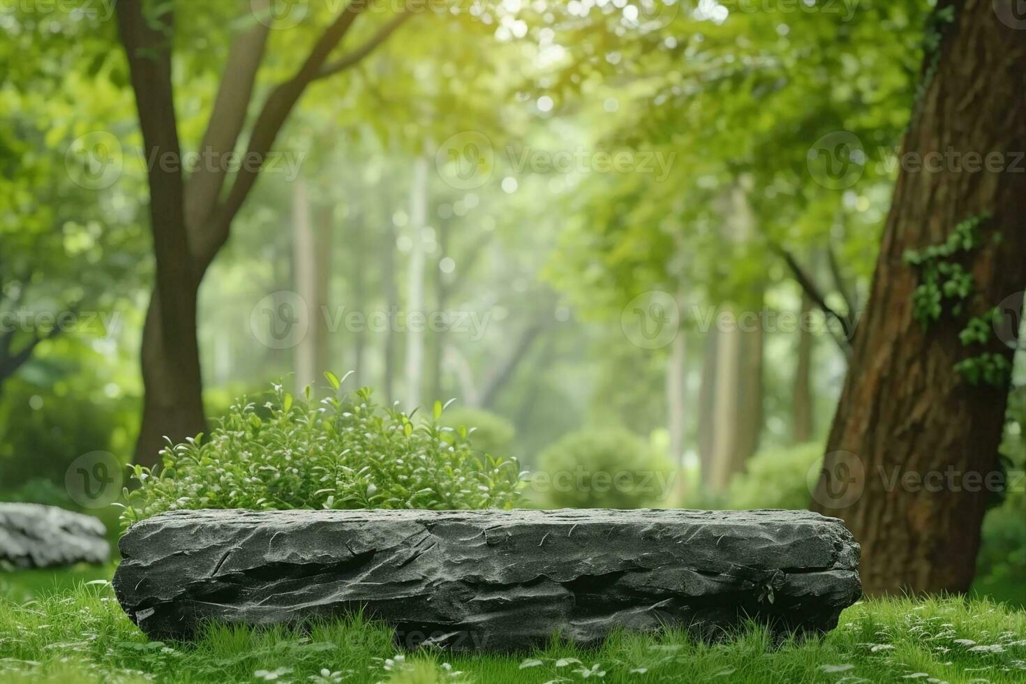 AI generated Stone podium table top floor on grass outdoors blur fresh green tropical forest tree nature background.Organic healthy natural product placement pedestal stand display. generative ai. photo