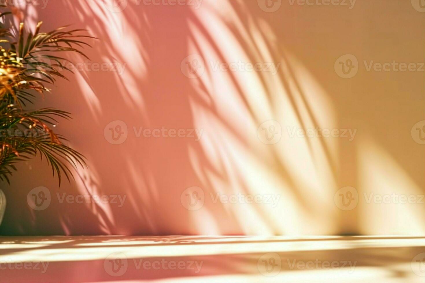 AI generated Abstract pink color gradient studio background for product presentation. Empty room with shadows of window and flowers and palm leaves . 3d room with copy space. Summer concert. photo