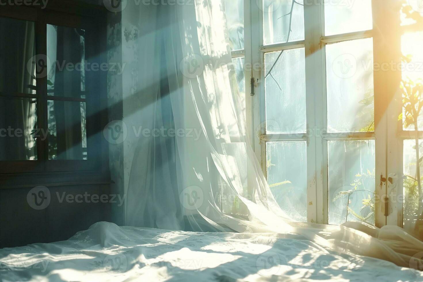 AI generated wind blows through the open window in the room. Waving white tulle near the window. Morning sun lighting the room, shadow background overlays. generative ai. photo