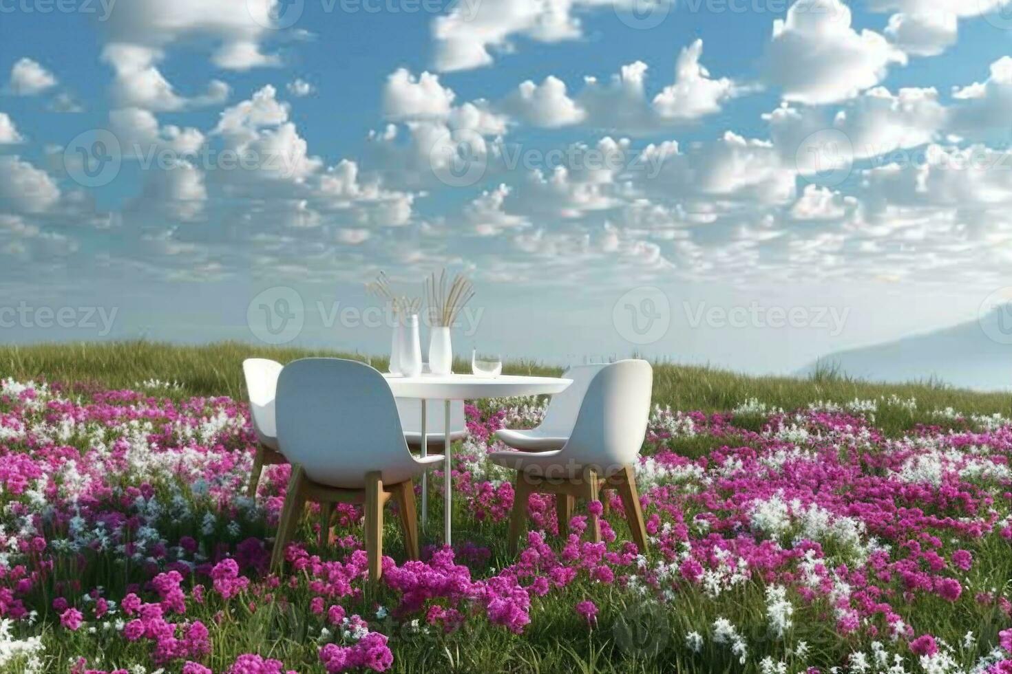 AI generated Abstract 3d render, Platform and Natural podium background, White table and chairs set on the flowers and grass filed backdrop blue sky and clouds for product display or etc. photo