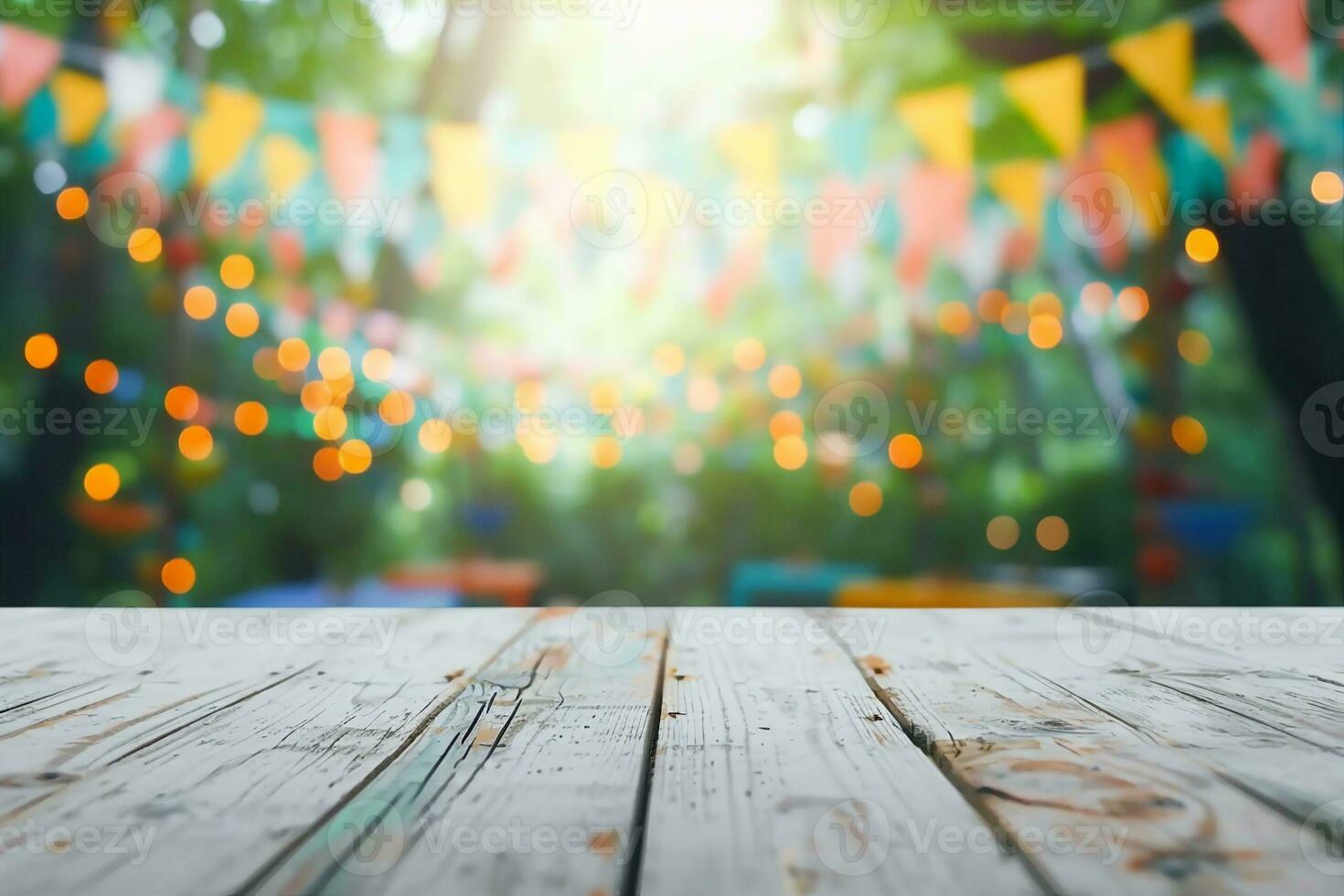 ai generado vacío de madera mesa con fiesta en jardín antecedentes borroso. generativo ai. foto