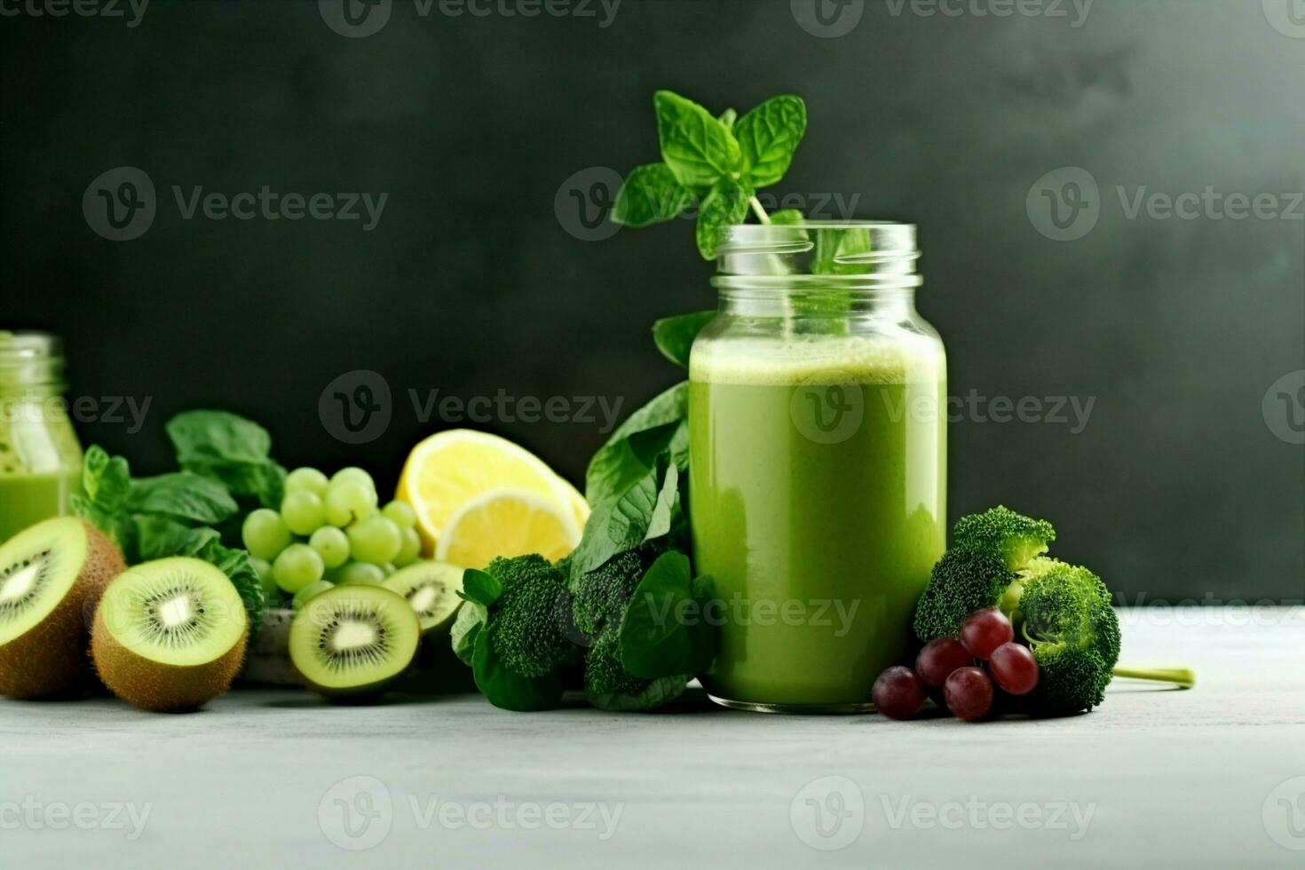 AI generated Glass jar mugs with green health smoothie, kale leaves, lime, apple, kiwi, grapes, banana, avocado, lettuce. Copy space. Raw, vegan, vegetarian, alkaline food concept. Banner. photo