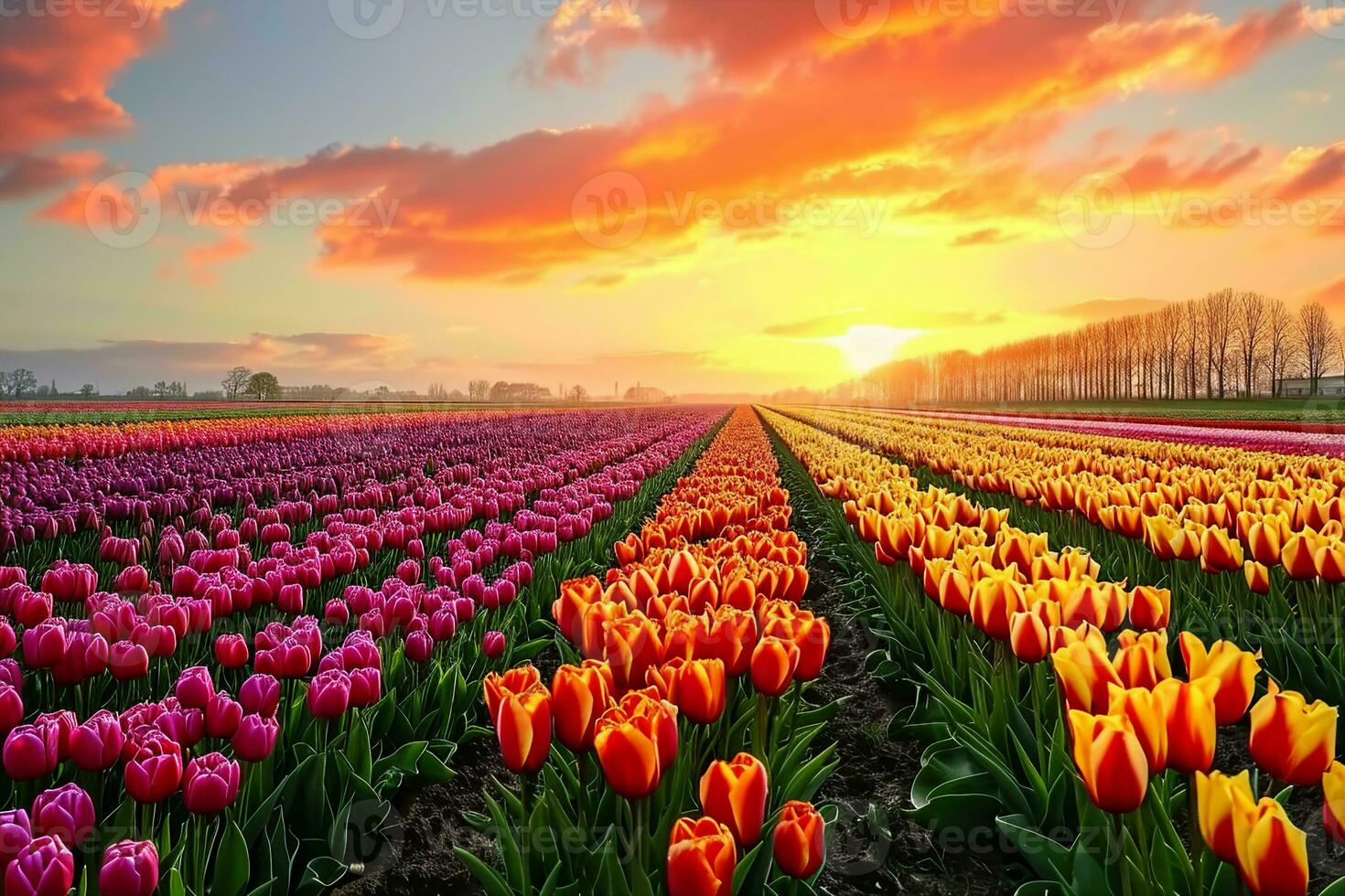 AI generated Incredibly beautiful spring landscape with rows of tulips in the holland at sunrise. generative ai. photo
