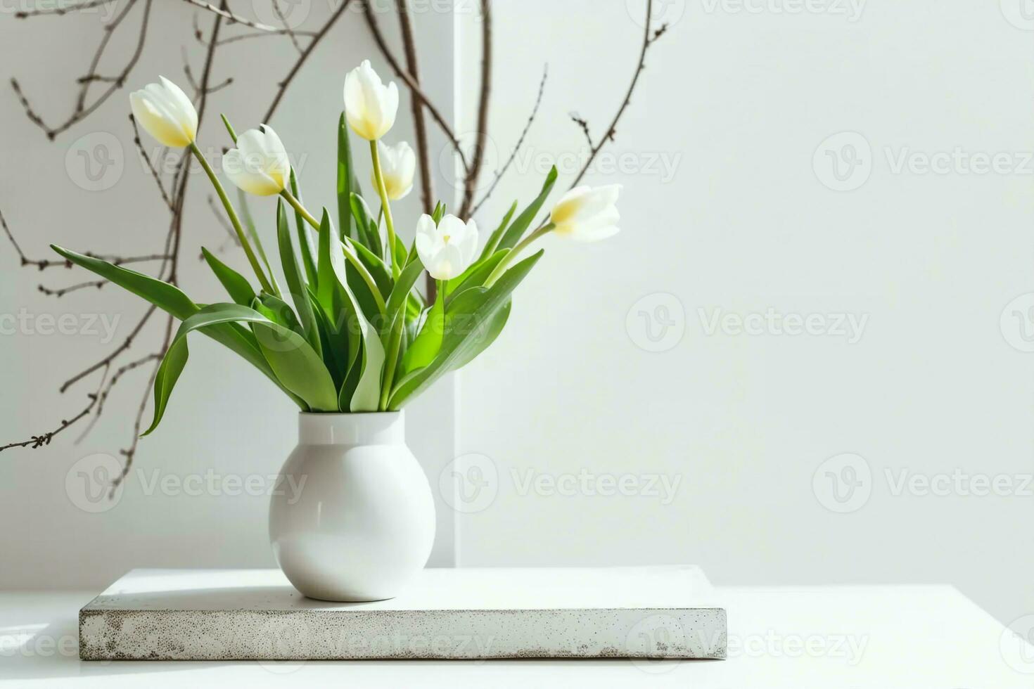AI generated Empty white box and white tulips in a vase on a light background. Mockup banner, podium for display of advertise product. generative ai. photo