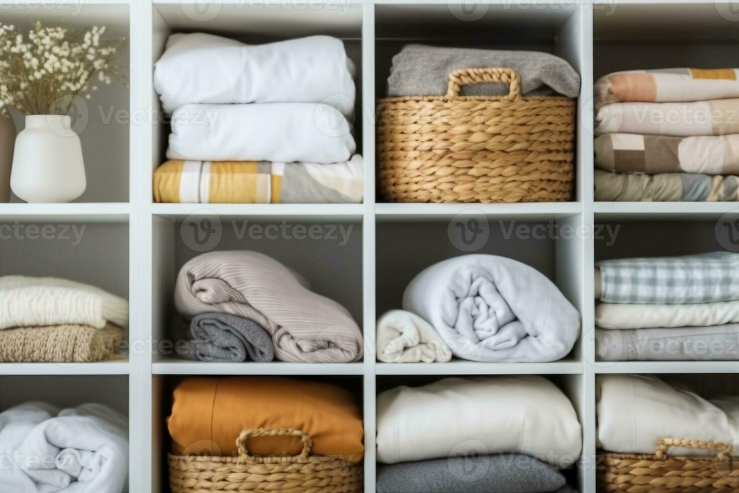 AI generated Bed linens closet neatly arrangement on shelves with copy space domestic textile Nordic minimalism comfortable storage. Rolled towels in straw basket duvet cover sheet pillow plaid. photo