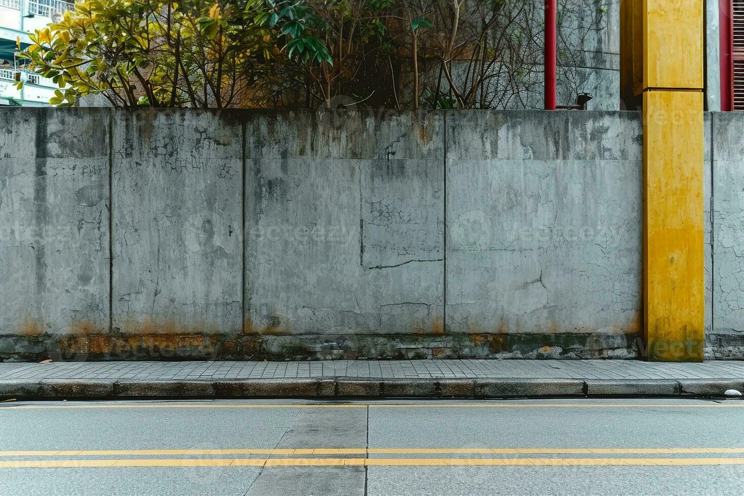 AI generated street wall background ,Industrial background, empty grunge urban street with warehouse brick wall. generative ai. photo