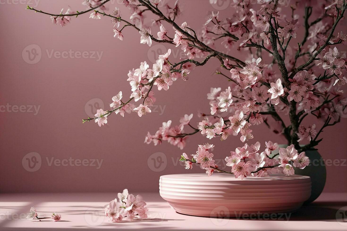 AI generated Minimal luxury podium in pink wall background with spring flowers. Concept display scene stage platform showcase, product, sale, banner, presentation, cosmetic. 3D render, social media. photo