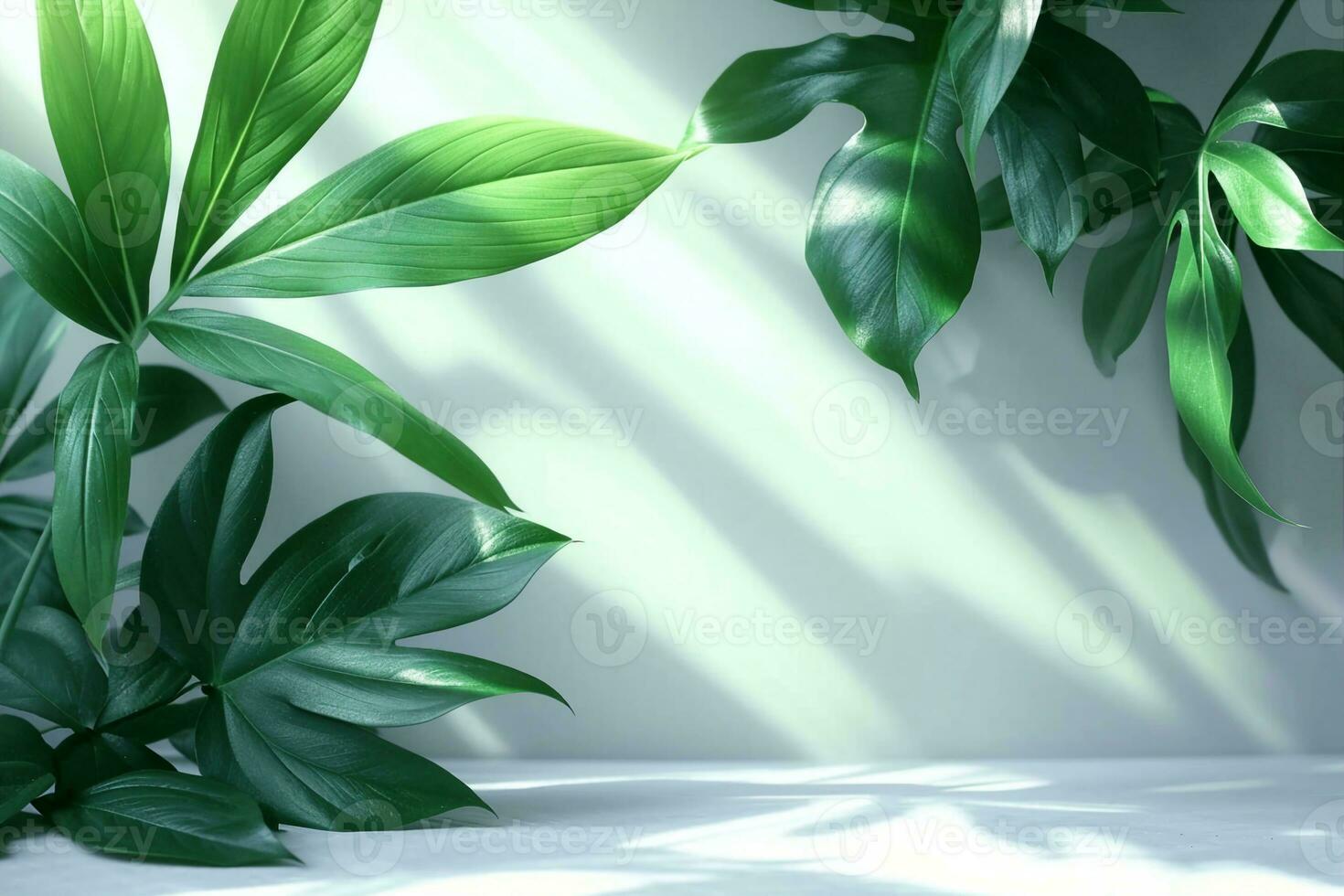 AI generated Creative layout of colorful riskus leaves on a white background in the rays of the sun, with shadows. Minimal summer exotic concept with copy space. generative ai. photo