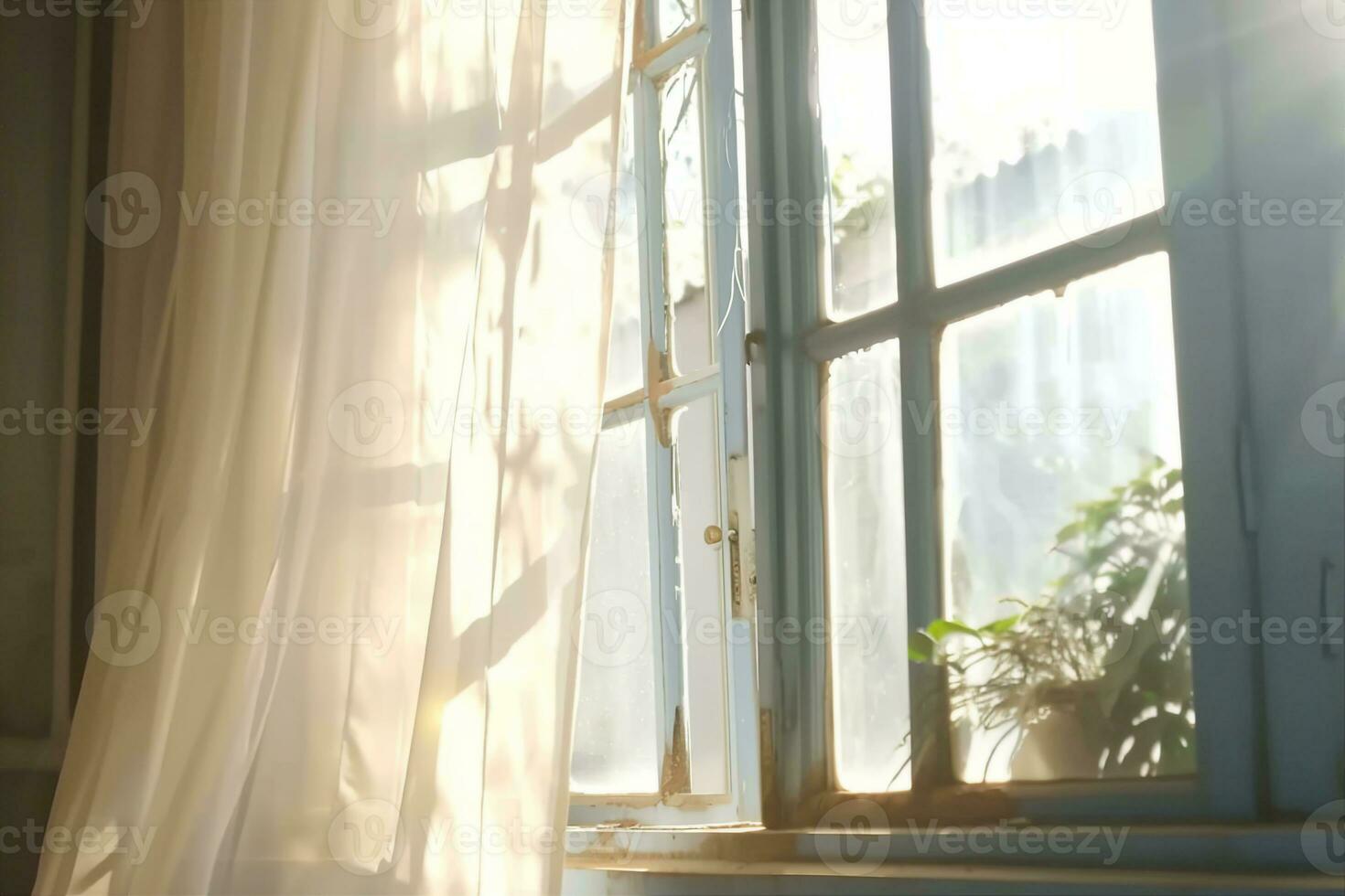 ai generado viento golpes mediante el abierto ventana en el habitación. ondulación blanco tul cerca el ventana. Mañana Dom Encendiendo el habitación, sombra antecedentes superposiciones generativo ai. foto