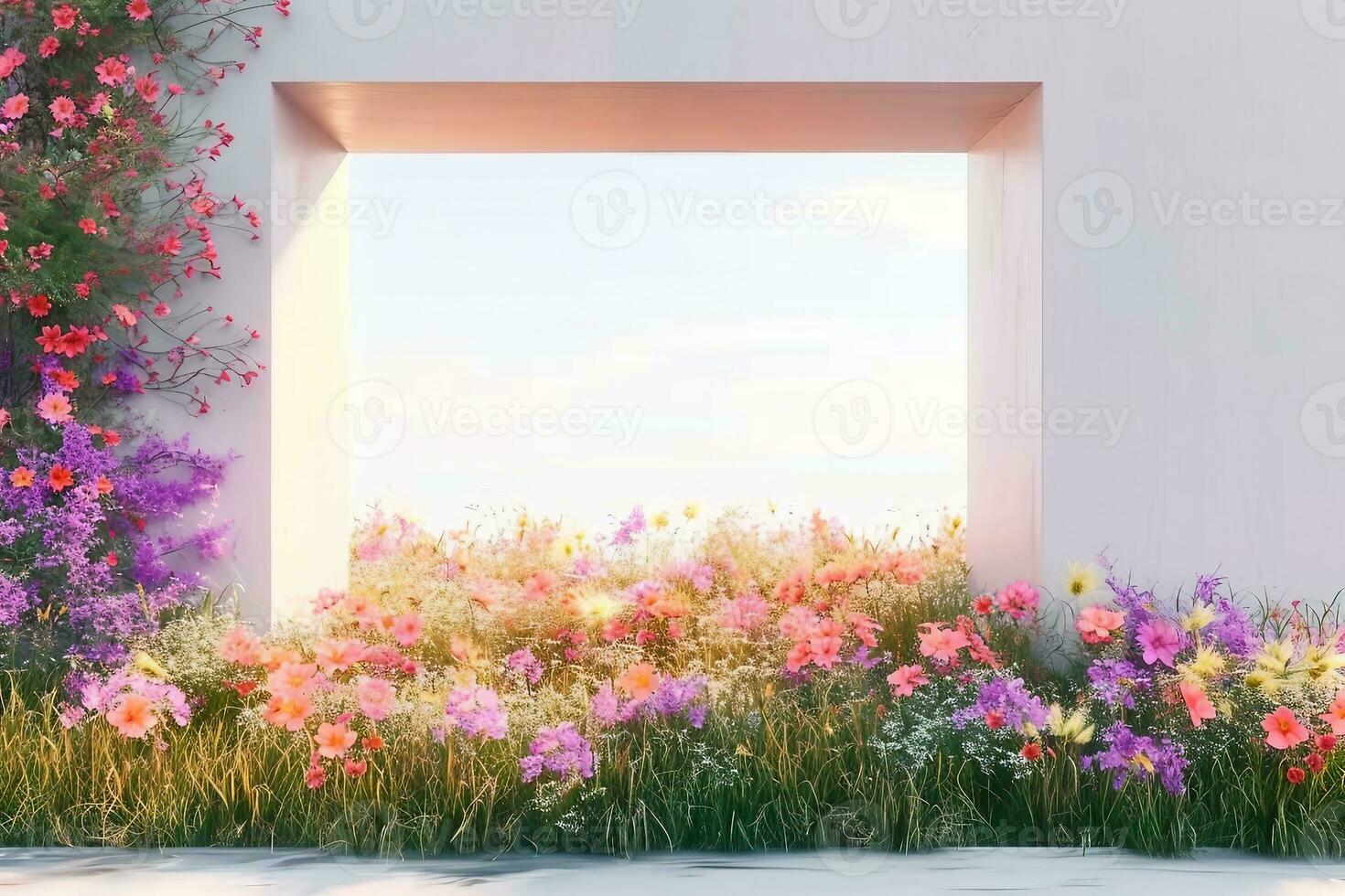 AI generated Spring floral installation scene with geometric arch form. 3d rendering. generative ai. photo