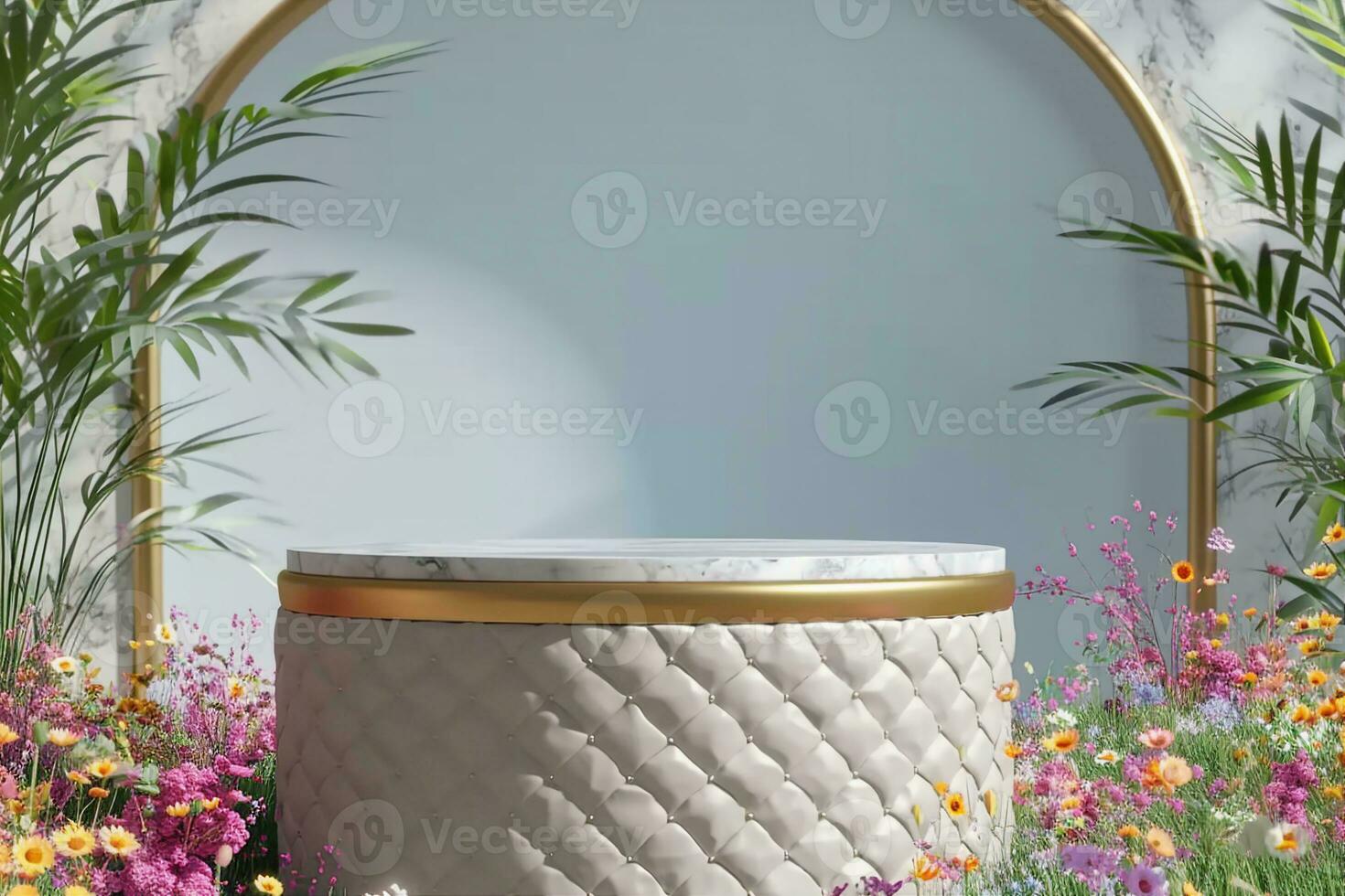 AI generated Abstact 3d render spring scene and Natural podium background, White stone podium on the colorful flowers and grass field backdrop three arch doors for product display. generative ai. photo