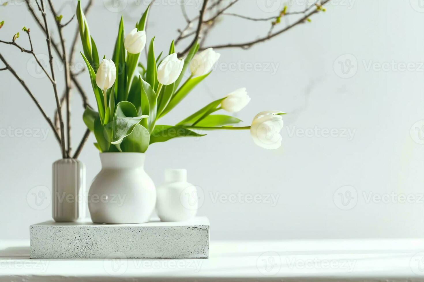 AI generated Empty white box and white tulips in a vase on a light background. Mockup banner, podium for display of advertise product. generative ai. photo
