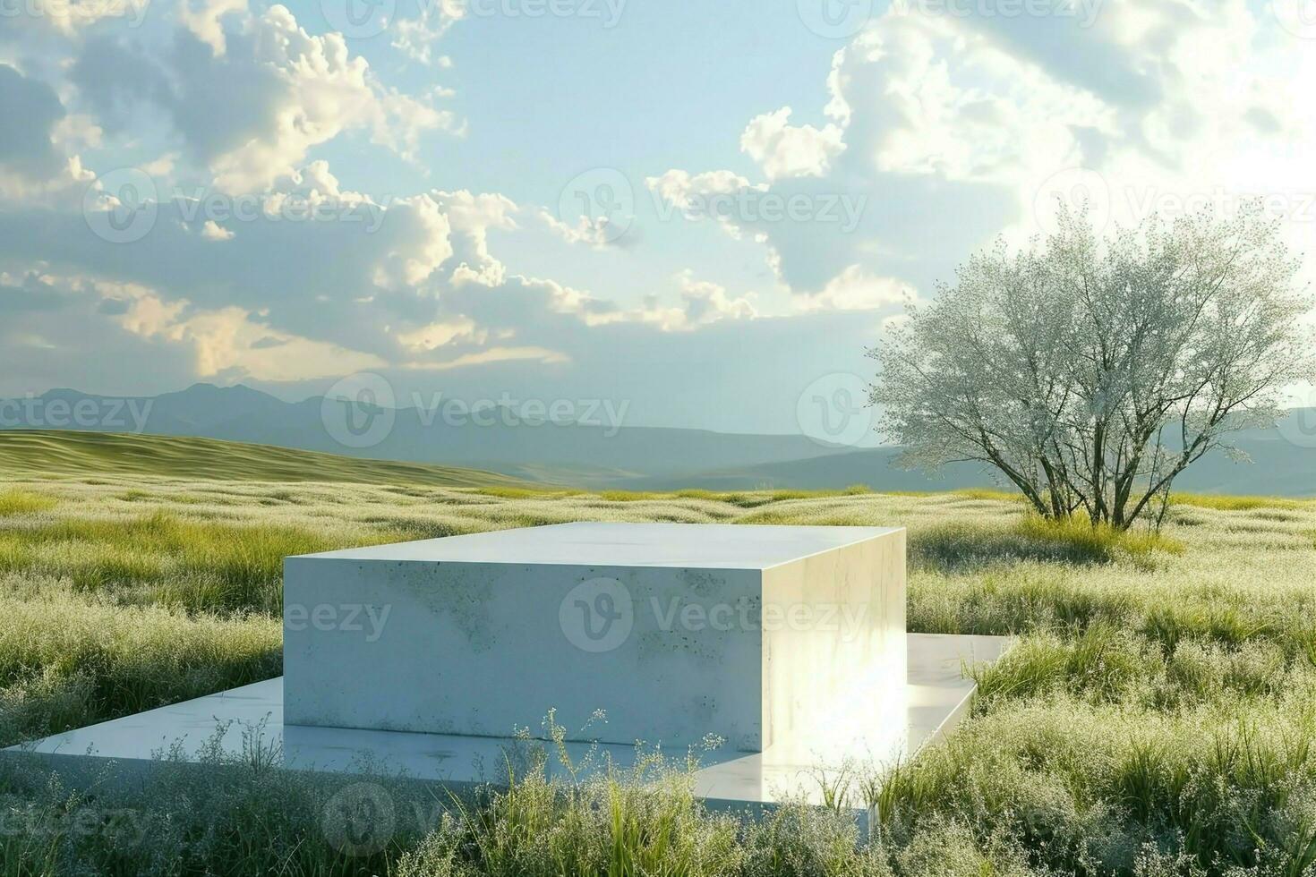 AI generated Abstract natural field scene with podium for product display and frosted glass background. 3d rendering. generative ai. photo