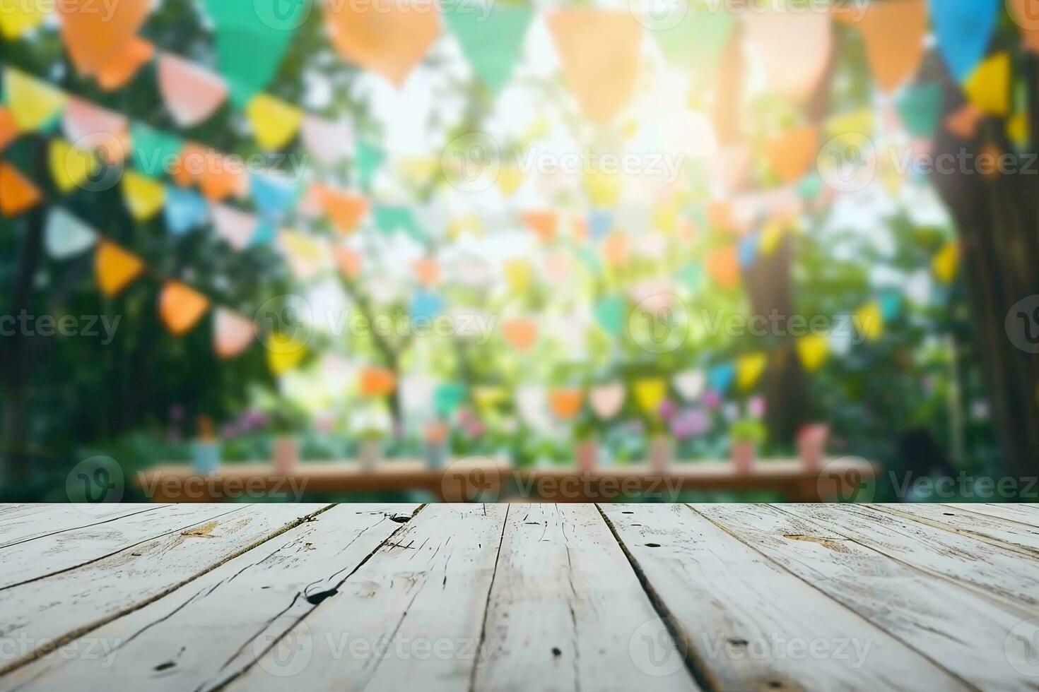 AI generated Empty wooden table with party in garden background blurred. generative ai. photo