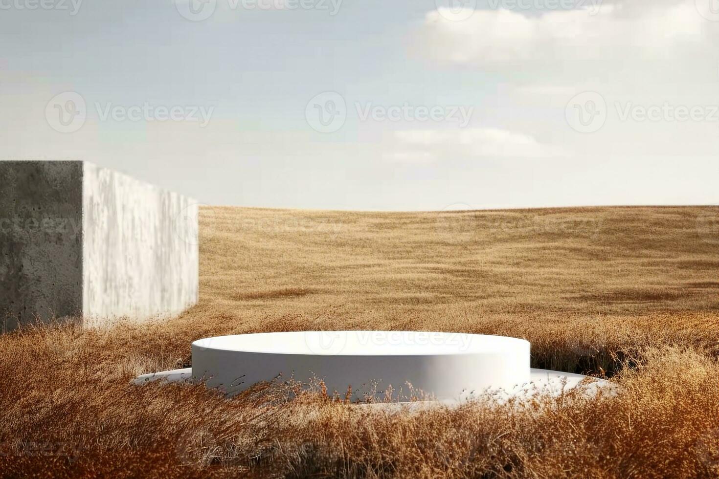 AI generated 3D podium background, stand on natural dry grass. Natural pedestal in pastel, beige colors. Minimal showcase advertising with arches, curved concrete walls. Field with autumn dry grass. photo