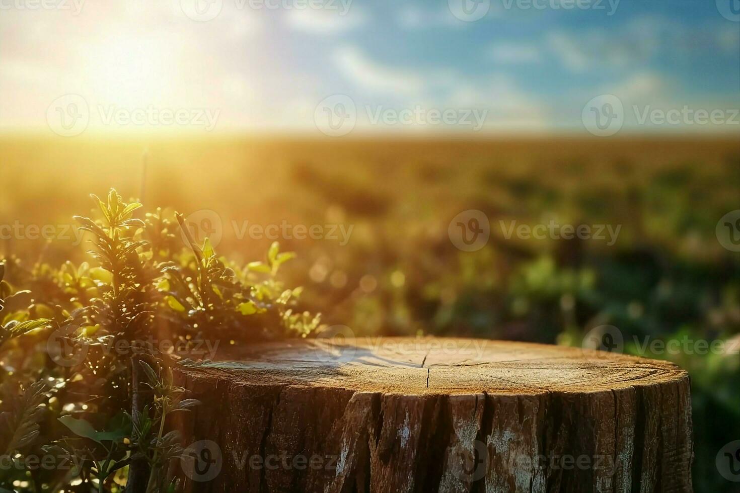 AI generated Wood Podium for products on natural background with sunlight. generative ai. photo