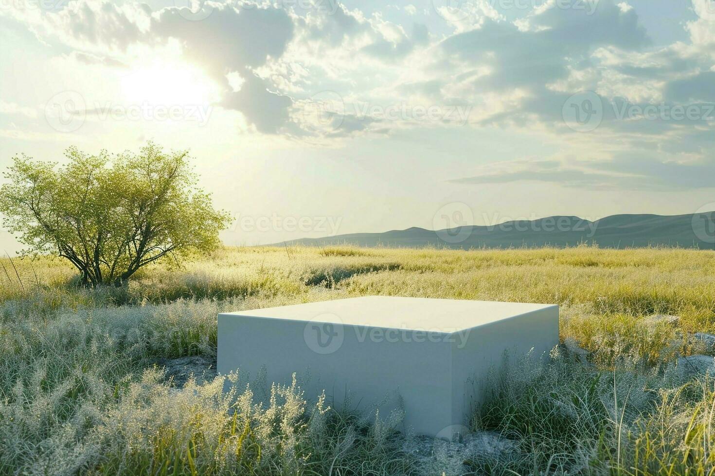 AI generated Abstract natural field scene with podium for product display and frosted glass background. 3d rendering. generative ai. photo