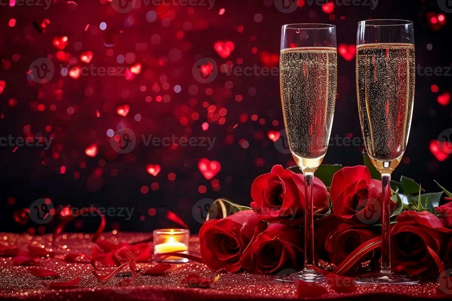 AI generated Valentines day background with champagne glasses and red roses. generative ai. photo