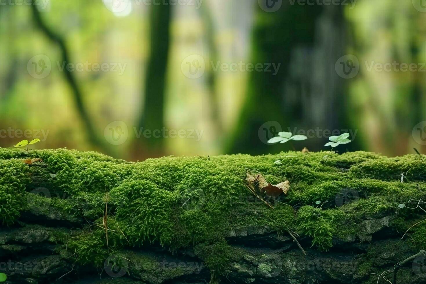 AI generated Old overgrown mossy tree trunk in forest, abstract natural green background. beautiful landscape. spring or summer season. display for product. template for design. long banner. photo
