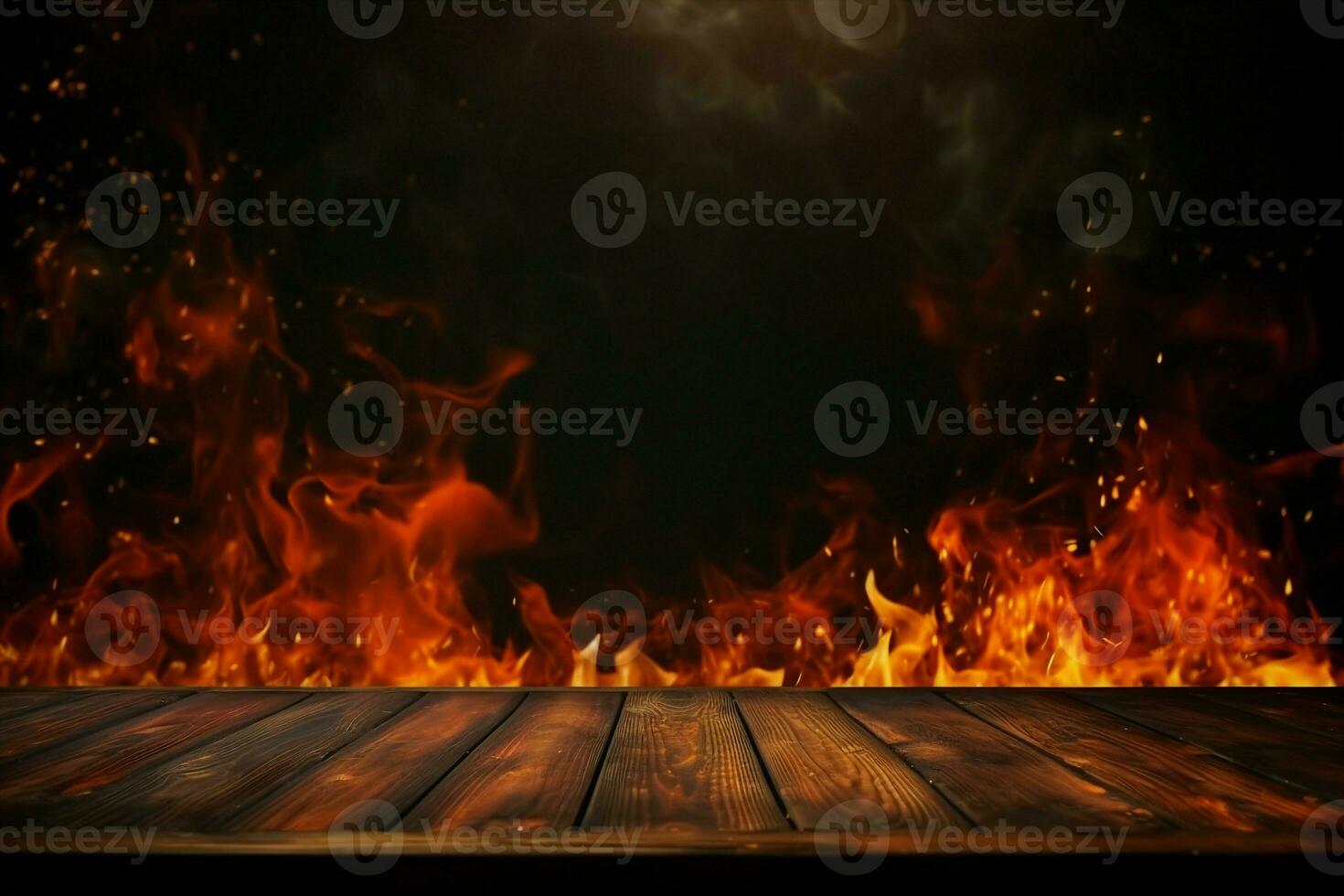 AI generated wooden table with Fire burning at the edge of the table, fire particles, sparks, and smoke in the air, with fire flames on a dark background to display products. generative ai. photo