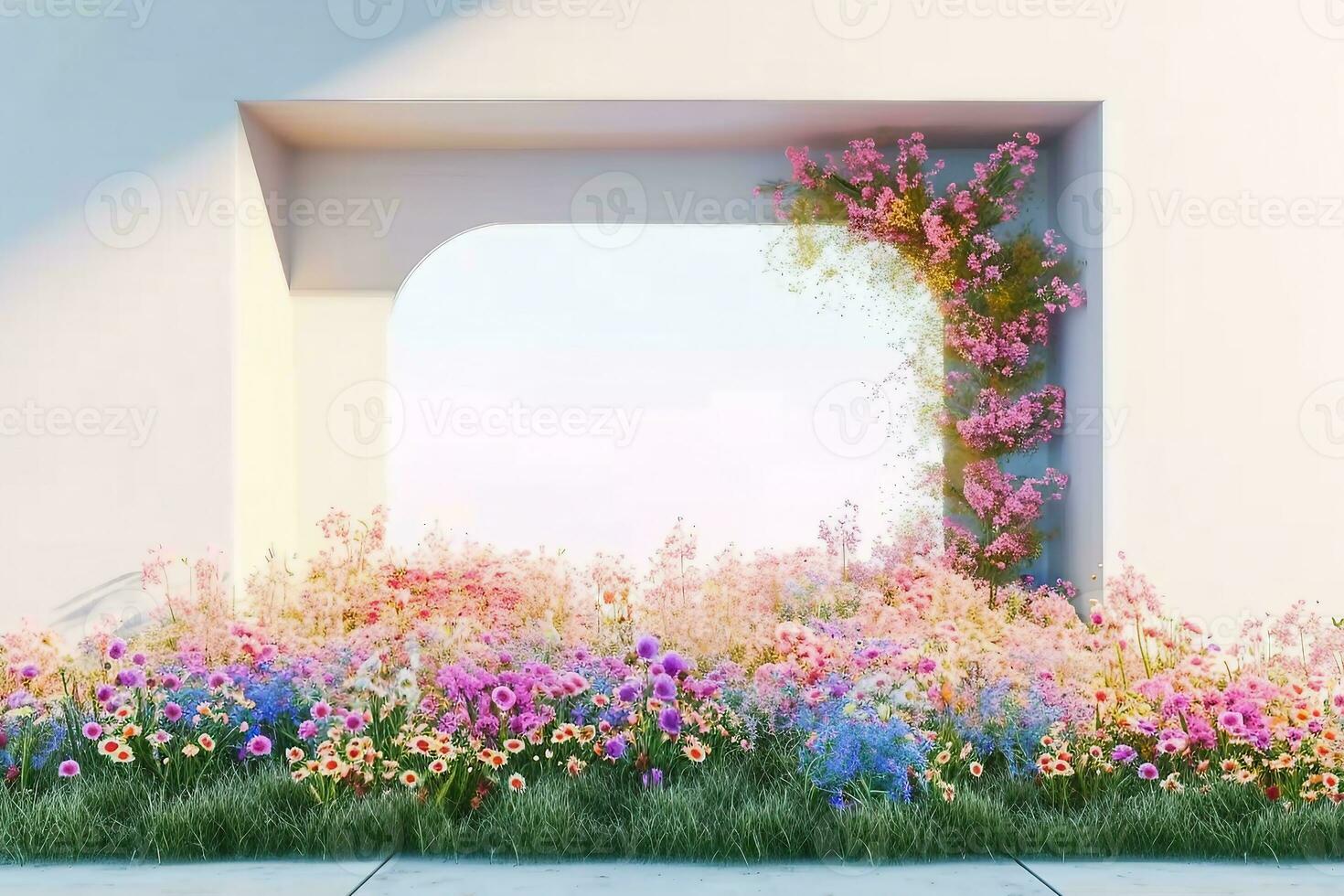 AI generated Spring floral installation scene with geometric arch form. 3d rendering. generative ai. photo