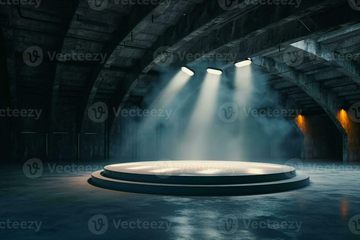 AI generated Perspective view dark smokey garage interior with spotlight and round pedestal on concrete floor, product presentation background and empty stage concept. 3D Rendering, mockup. photo