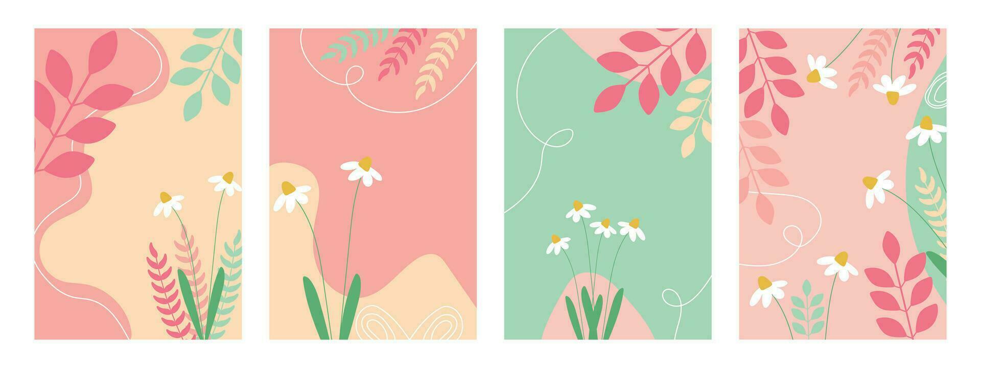 Set of cute floral backgrounds. Covers with daisies. Templates with flowers. vector