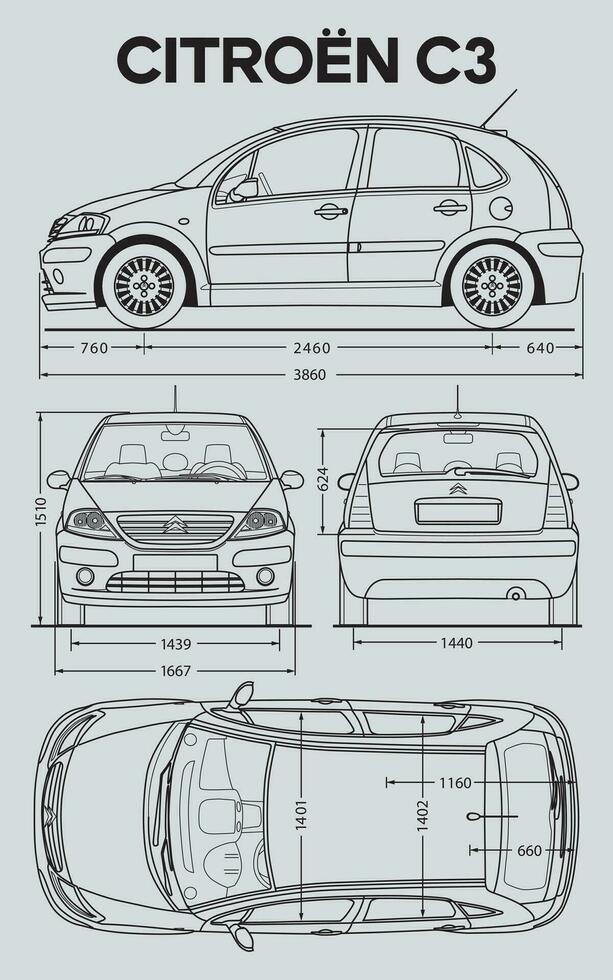 2005 Citroen C3 car blueprint vector