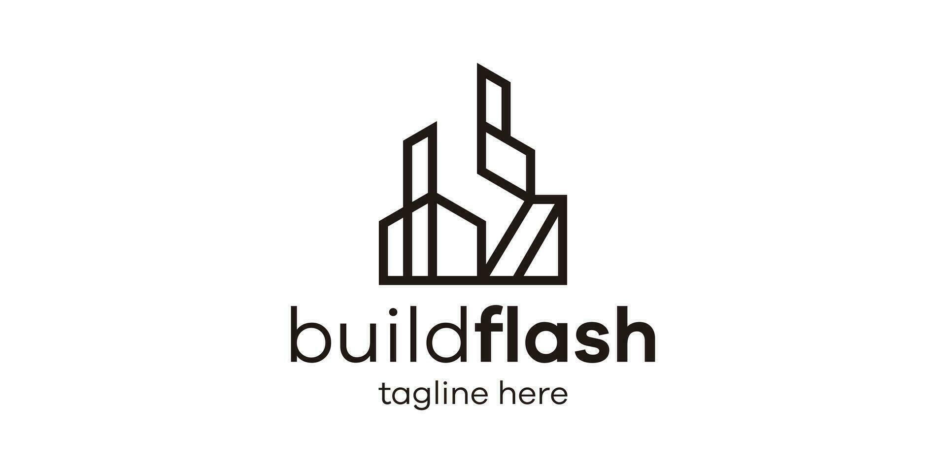 logo design combining the shape of a building with lightning, minimalist line logo design. vector