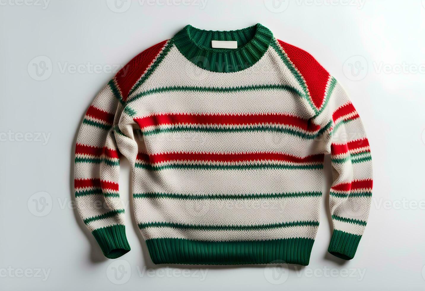 AI generated Red and green knitted sweater on white background top view. photo