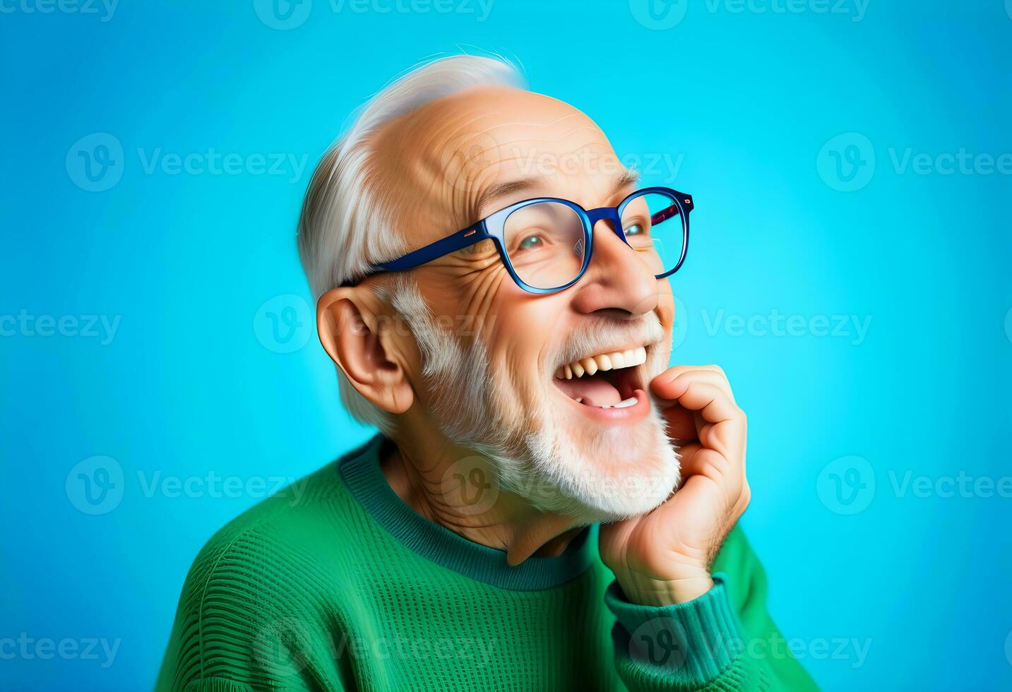 AI generated Photo of retired old man open mouth shiny smile excited wear glasses