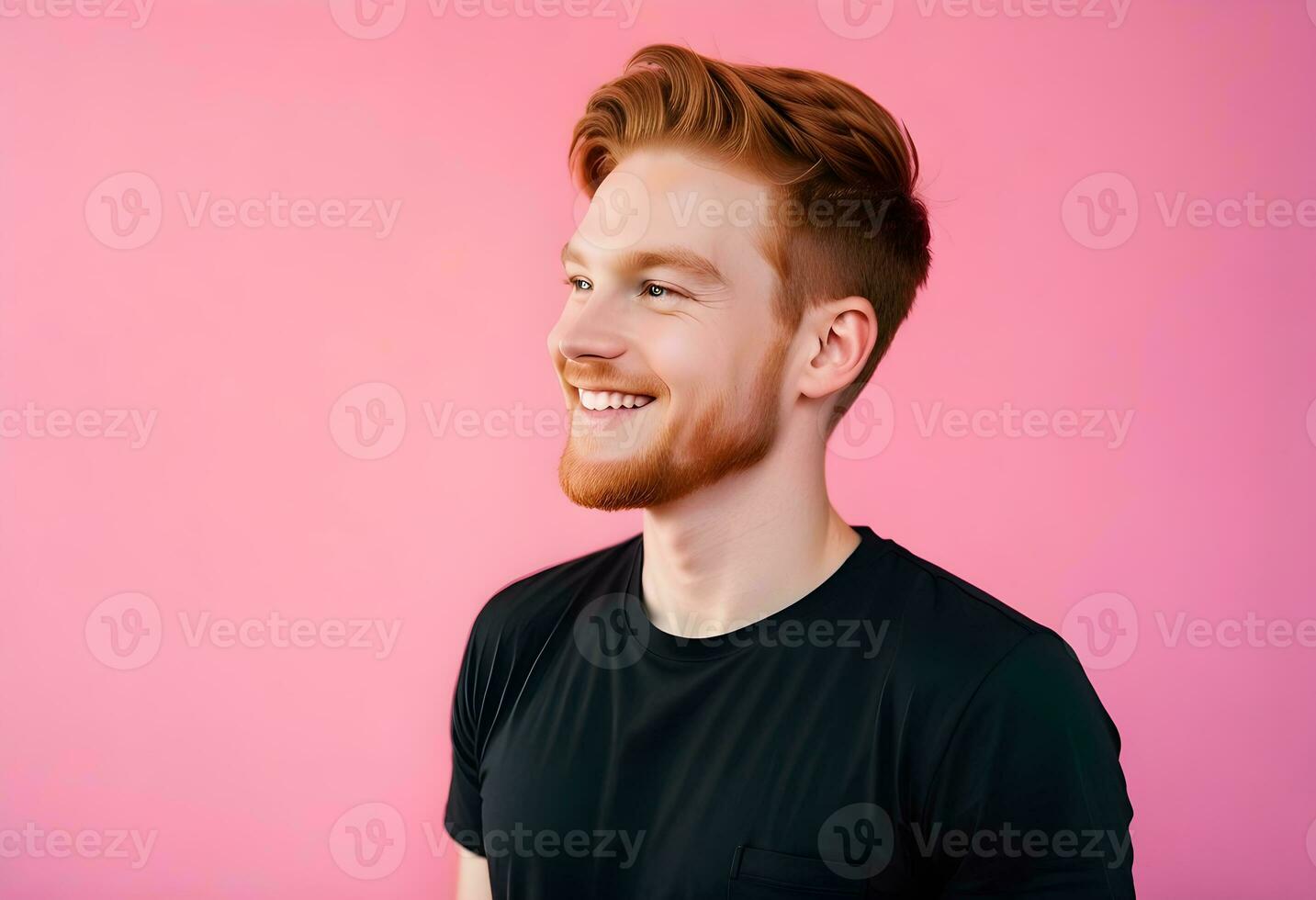 AI generated Positive young redhead male in black t shirt looking away photo