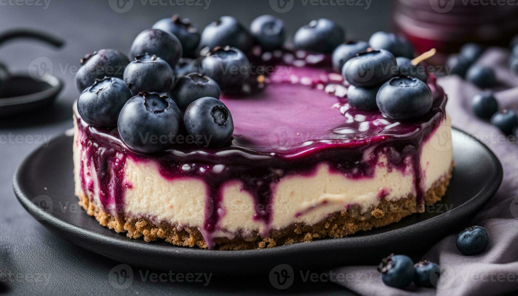 AI generated Blueberry vegan cheesecake. Dark photo on black background with raw cake with fresh berries on bkack plate