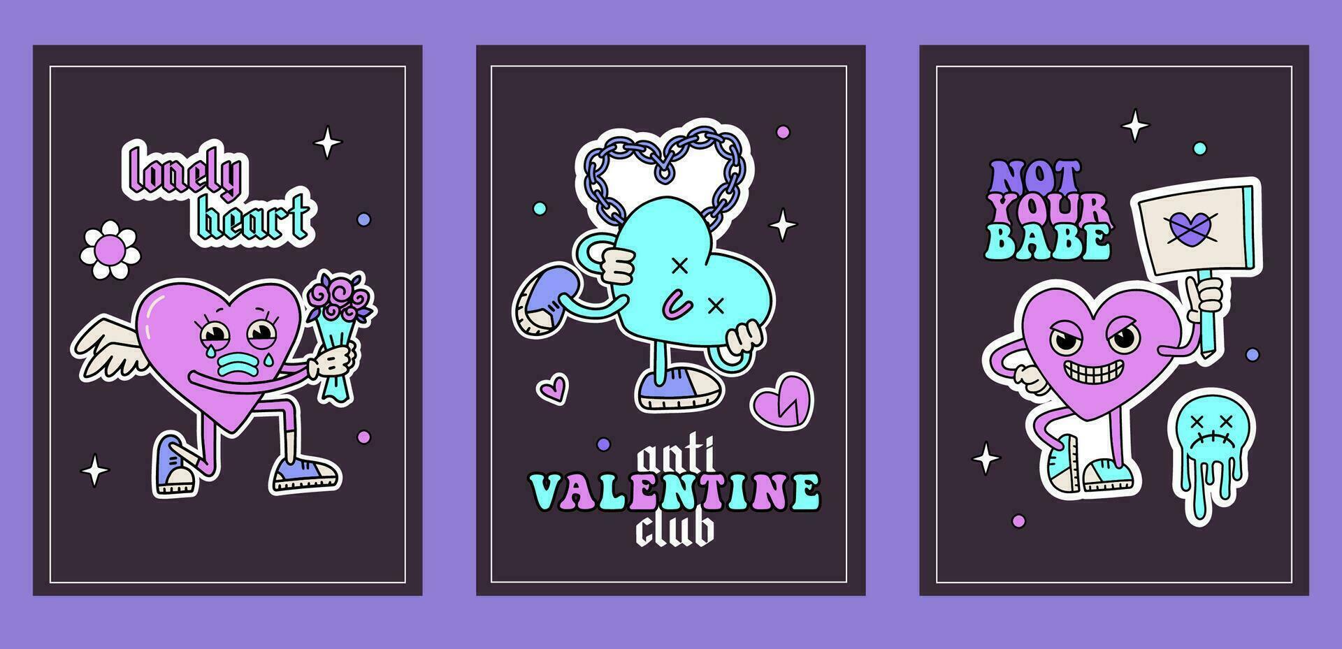 anti San Valentín día fiesta a4 pancartas colocar. maravilloso y2k retro dibujos animados Cupido caracteres en oír forma. contorno mano dibujado vector ilustración. anti enamorado club.