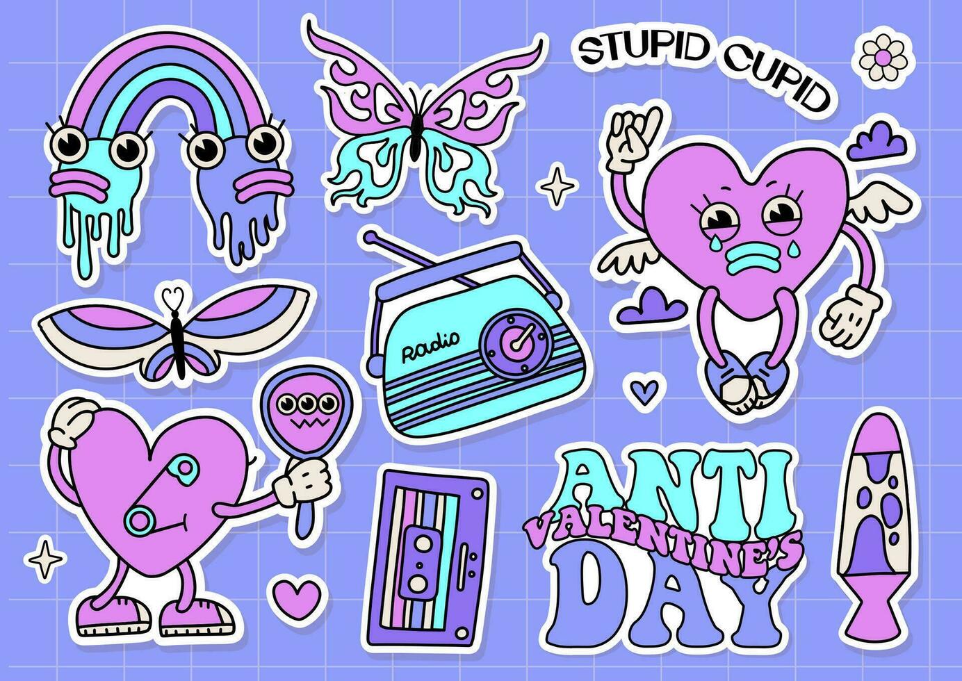 Trendy retro y2k anti Valentines day stickers set. 2000s anti valentine day concept with cartoon heart characters with vintage elements. Vector hand drawn illustration.