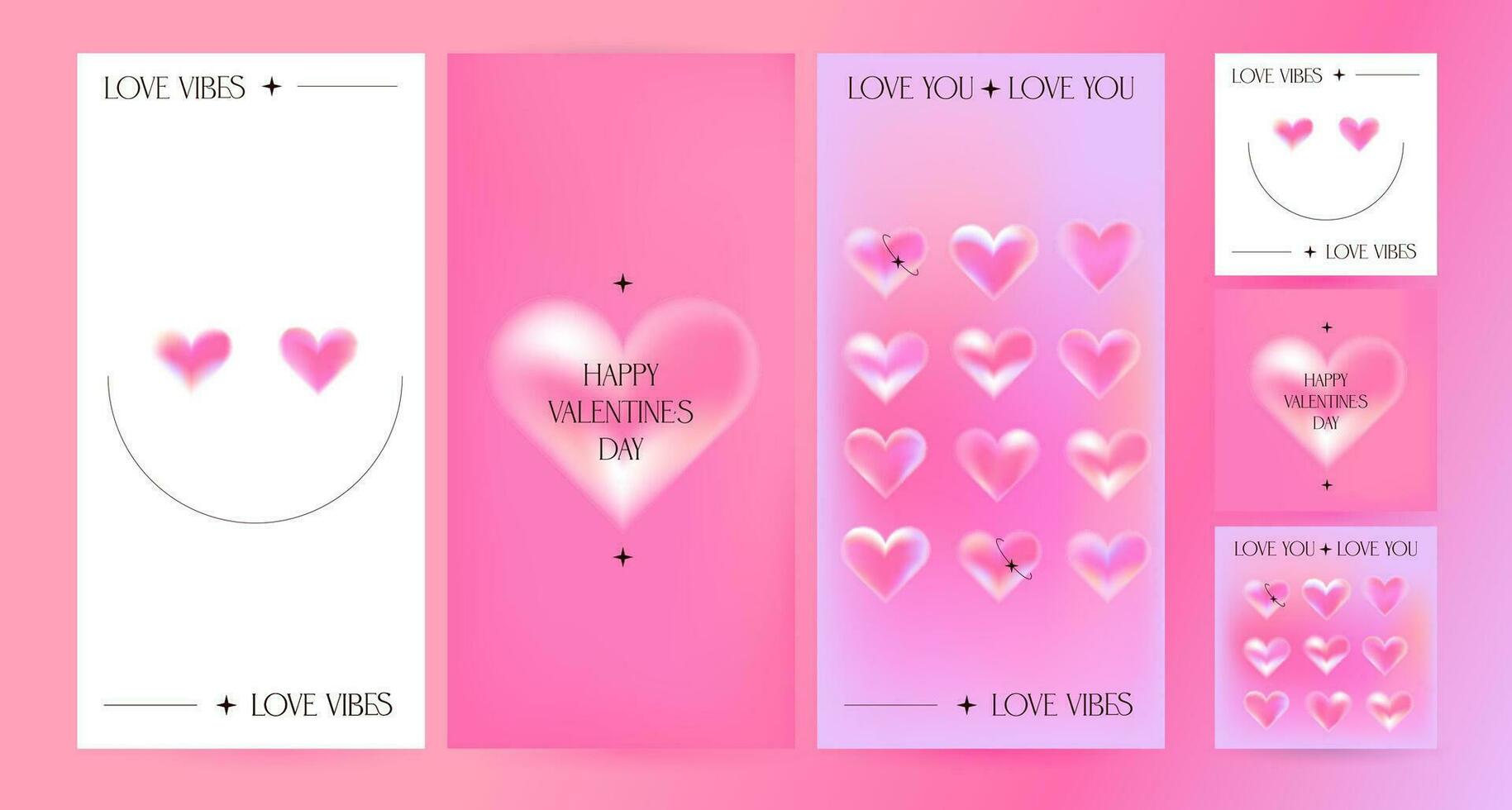 Valentine's Day vertical and square backgrounds set. Trendy gradients posters layout with creative blurry hearts. Social media stories templates for digital marketing and sales promotion. Vector eps10