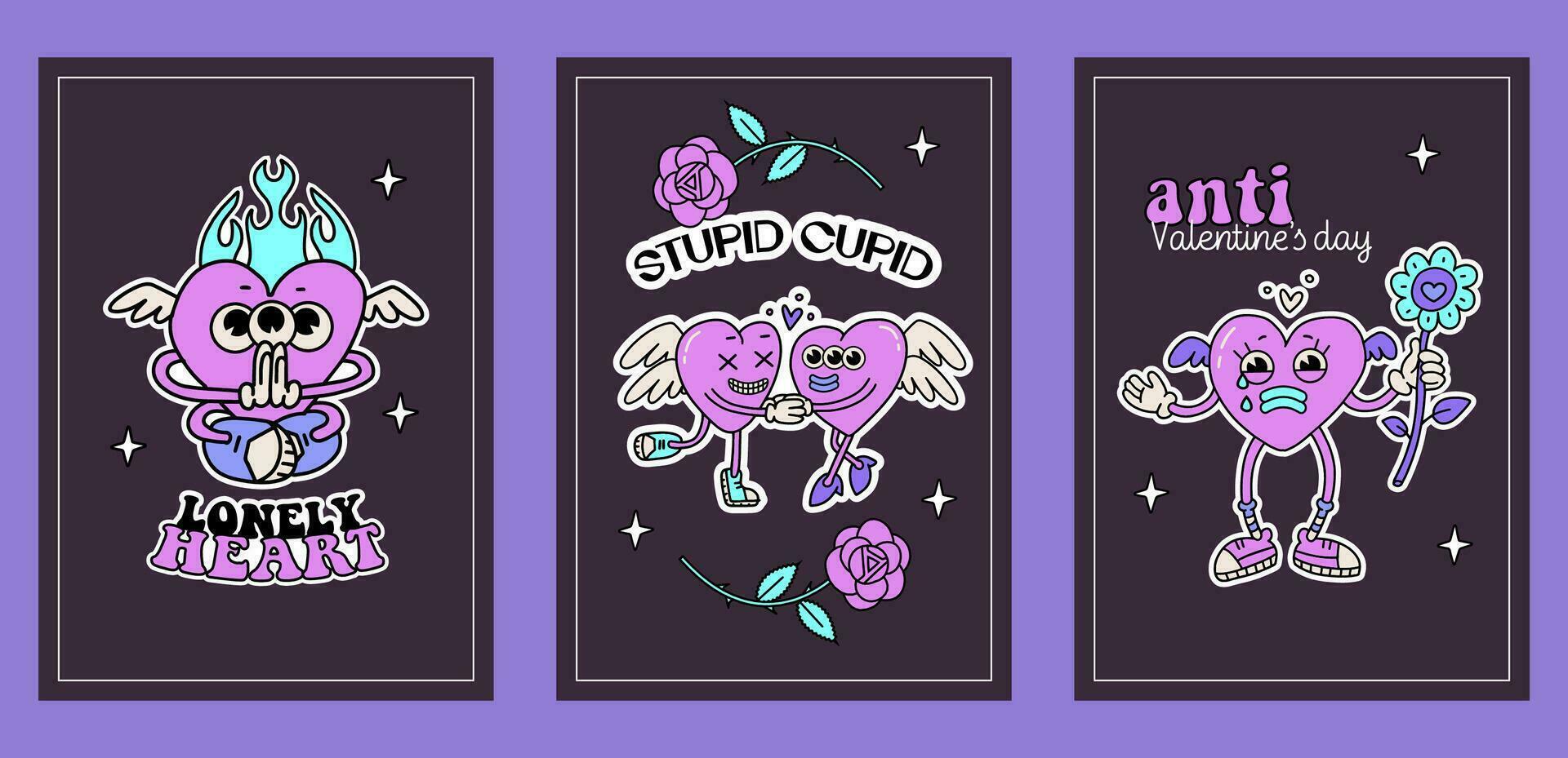 Trendy y2k anti valentines day a4 posters set with heart cupids mascots. 2000s anti valentines day greeting cards concept. Retro Cartoon characters in groovy style. Hand drawn vector illustration.