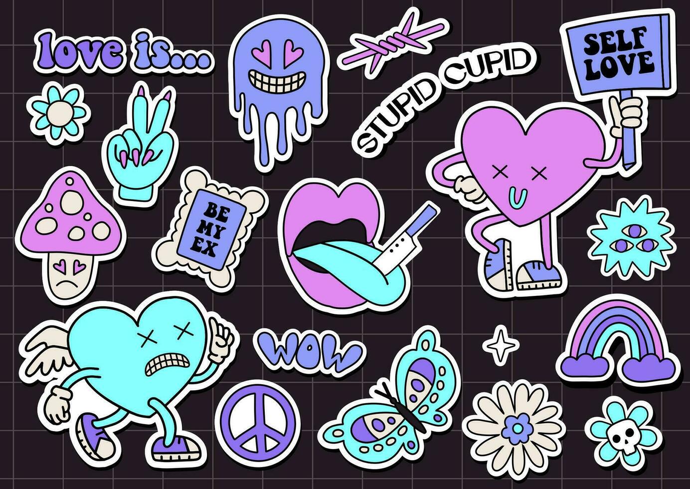 Anti valentines day concept. Sticker pack of retro cartoon heart characters and elements. Big set of comic stickers in psychedelic weird groovy style. Trendy neon 2000s style. Vector illustration.